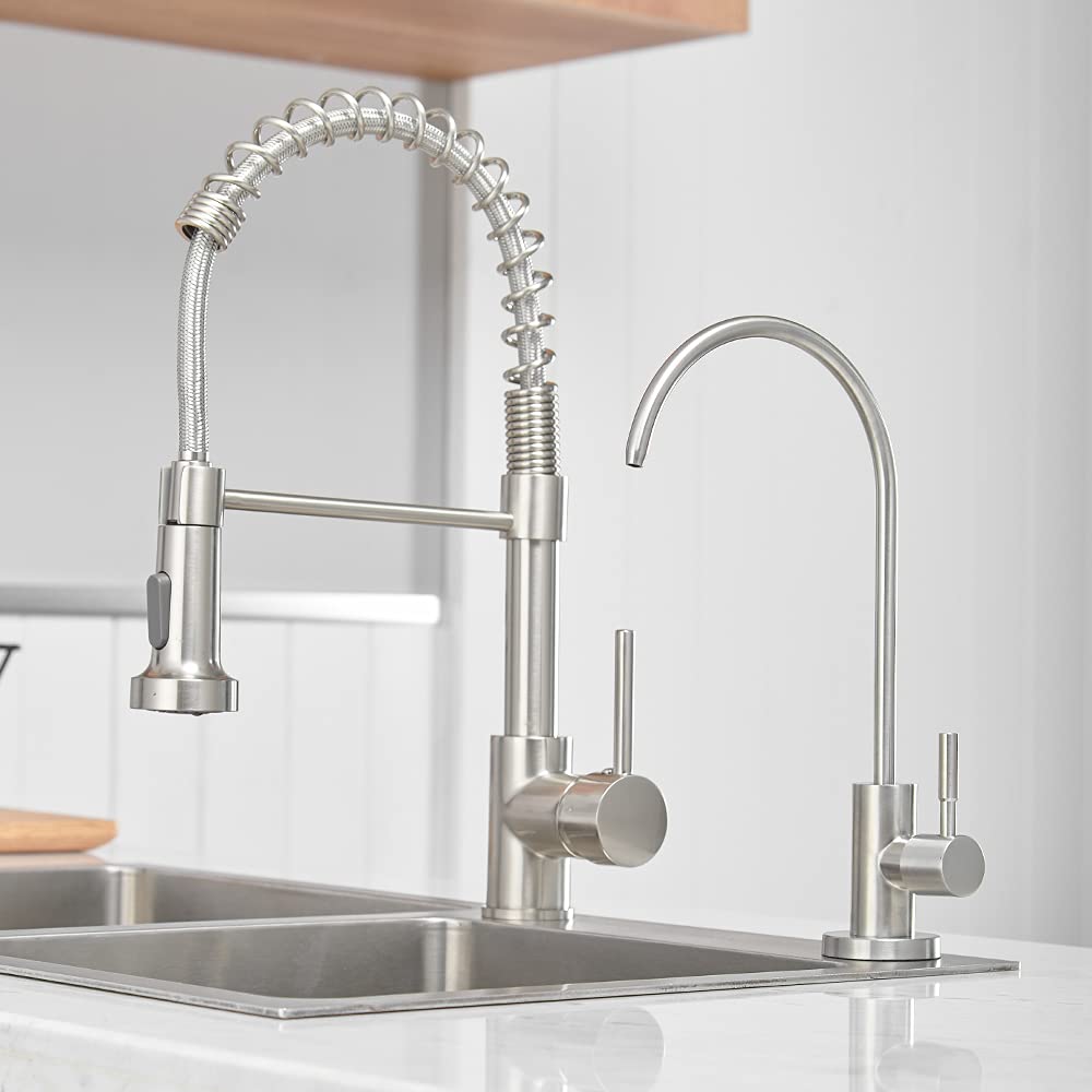 OWOFAN Brushed Nickel Kitchen Sink Faucet with Soap Dispenser - High Arc Pull Down Sprayer, Durable Stainless Steel Design for Modern Home & Restaurant Use