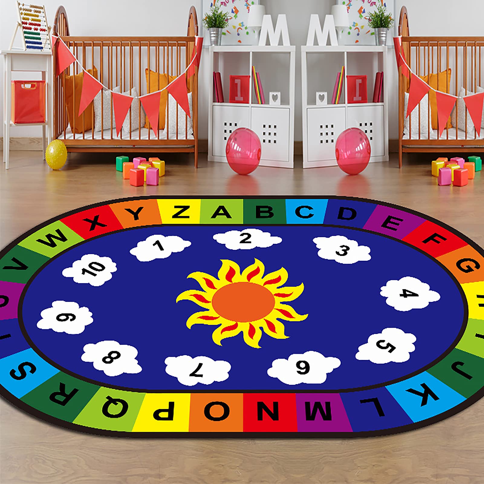 XWSM Non-Slip Oval ABC Alphabet & Numbers Educational Rug for Kids - 160x230cm (63x91in) - Perfect for Playrooms, Bedrooms & Learning Spaces
