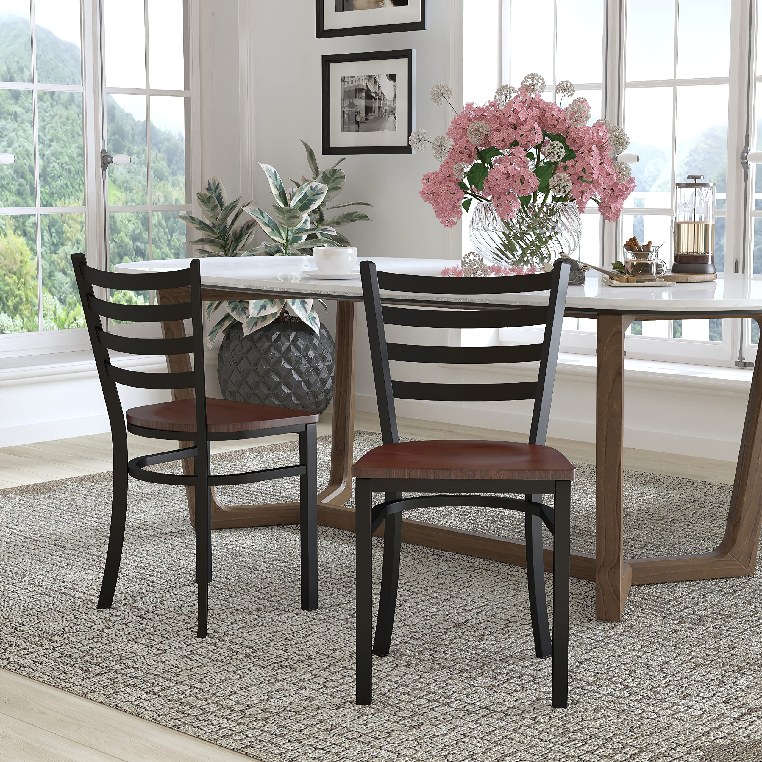 Flash Furniture 2-Pack HERCULES Series Black Metal Ladder Back Restaurant Chairs with Mahogany Wood Seats - Heavy Duty Commercial Dining Chairs for Restaurants, Cafes, and Home Kitchens