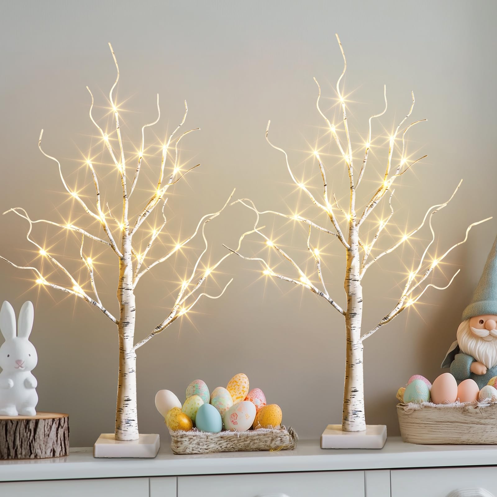 Vanthylit White Birch Tree with LED Lights - Set of 2, 24 LED Tabletop Christmas Tree with Timer, Indoor Holiday Decor for Mantel, Living Room, Office, and Party Decorations (2 FT) - Perfect for Festive Home Decor, Winter Weddings, and Cozy Seasonal Ambiance