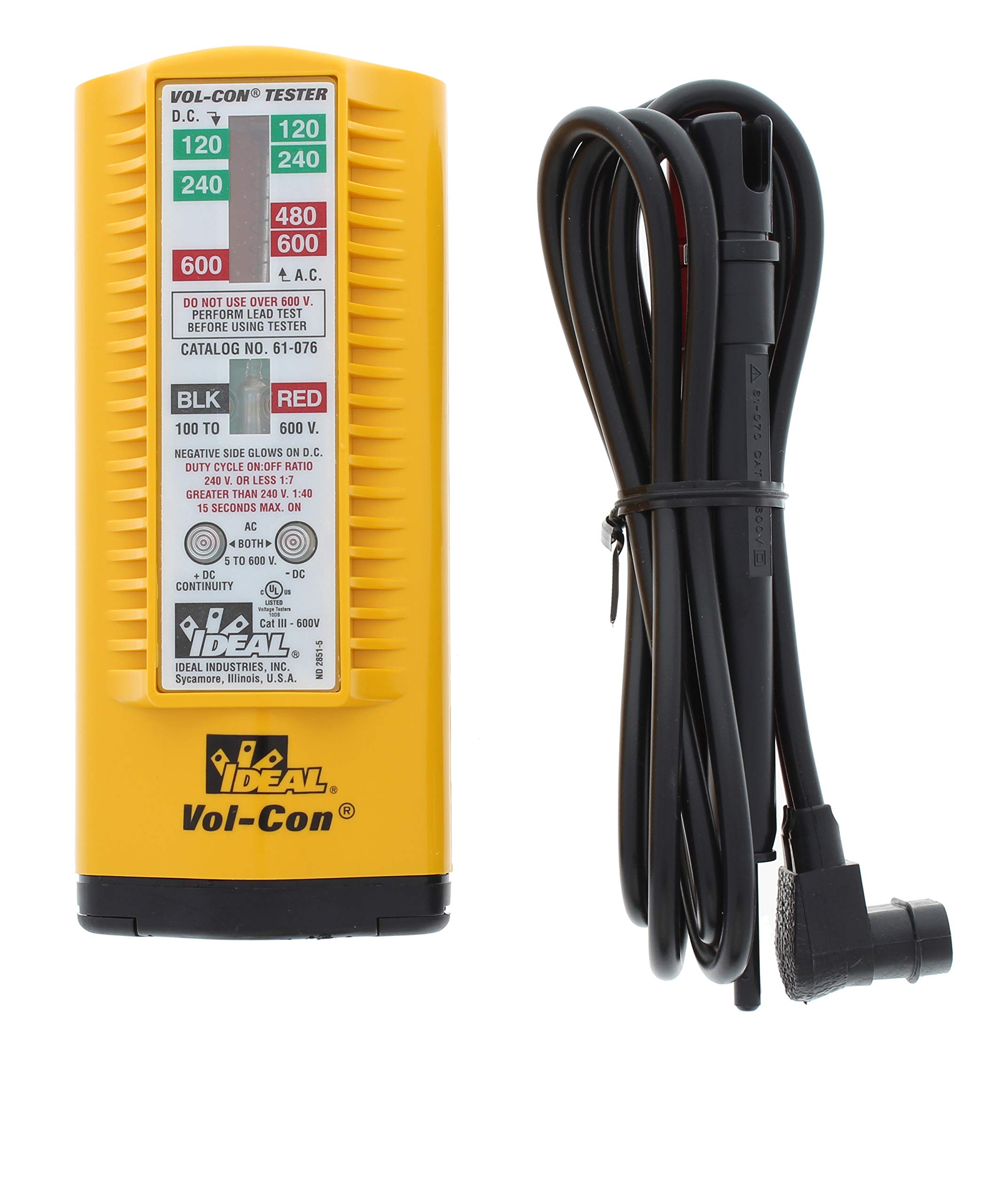Ideal Electrical 61-076 Vol-Con Solenoid Voltage Tester with Vibration Mode - AC/DC Voltage Detector up to 600V, CAT III Safety Rated, Yellow - Perfect for Electricians, HVAC Technicians & Home Electrical Testing