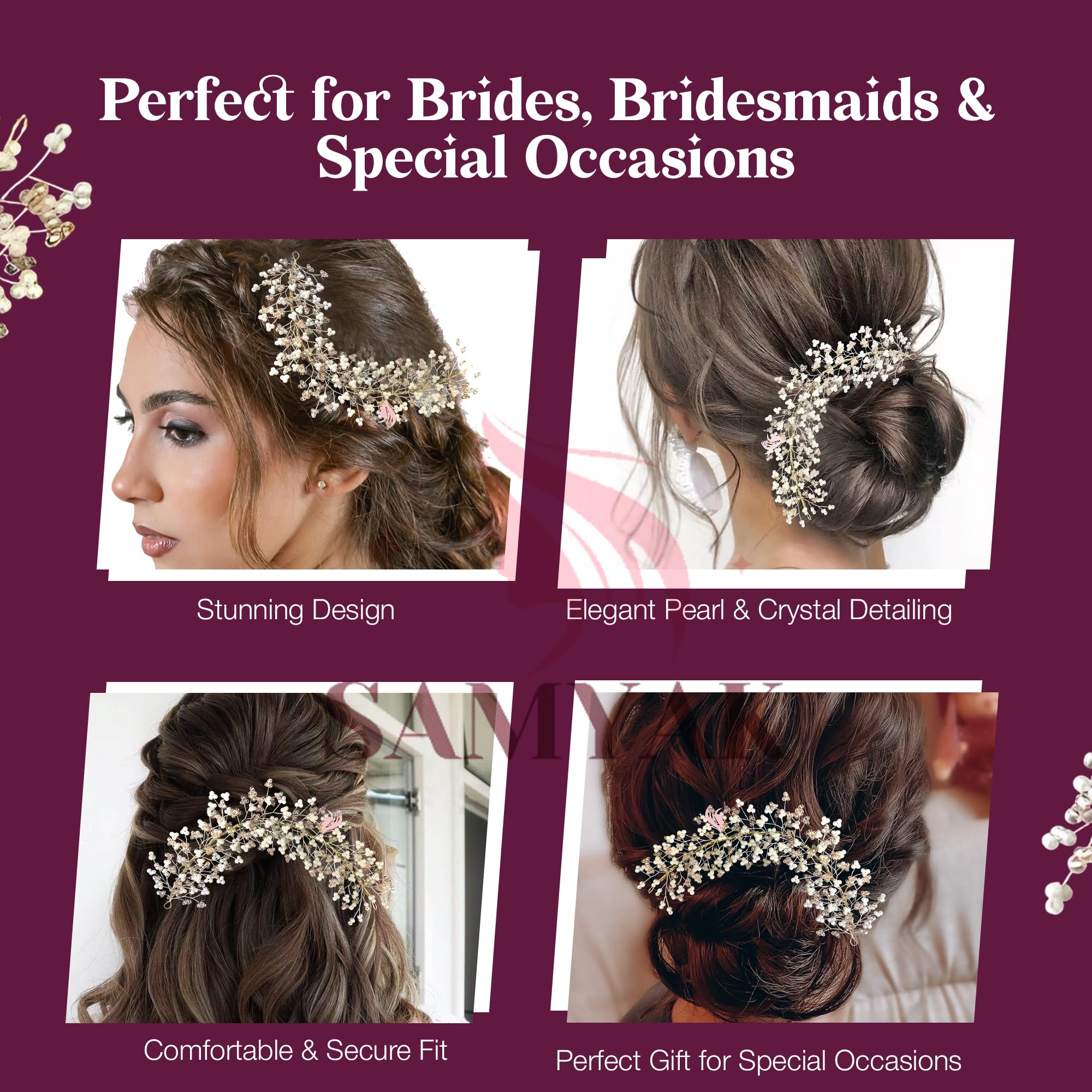 Samyak Crystal Pearl Hair Tiara Headband - Elegant Bridal Hair Accessory for Women | Wedding, Bridesmaid, Prom, Party | Sparkling Hair Vine with Pearls for Updo, Bun, or Half-Up Styles (Pink, 1 Pack)