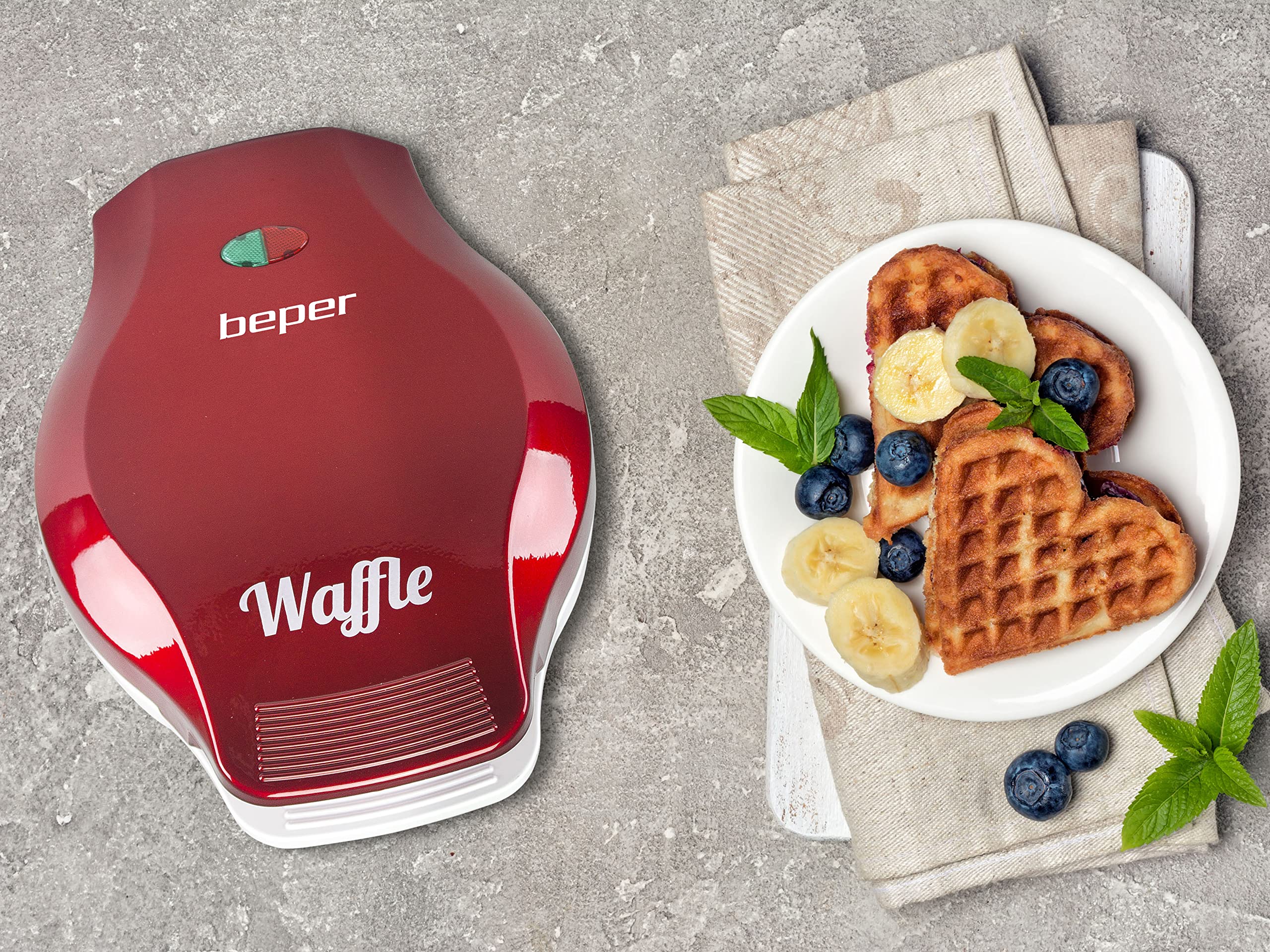 Beper Waffle Maker - Non-Stick 18cm Waffle Iron, Makes 5 Waffles at Once, 800-1000W (Red/White) - Perfect for Breakfast, Brunch & Family Gatherings