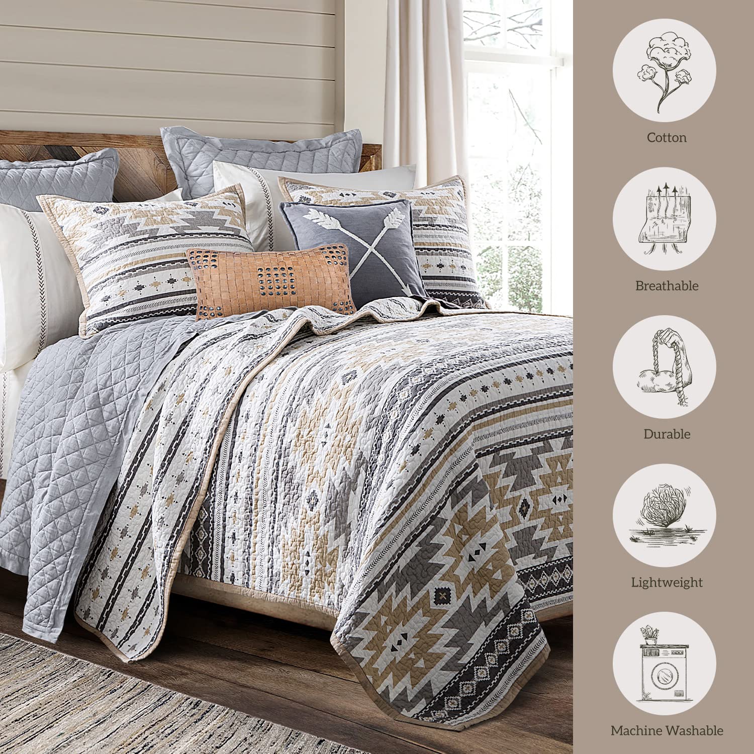 HiEnd Accents Desert Sage Western 2-Piece Quilt Set with Pillow Sham - Aztec Tribal Southwestern Bedding, Reversible Geometric Cotton Bed Set for Western & Boho Home Decor