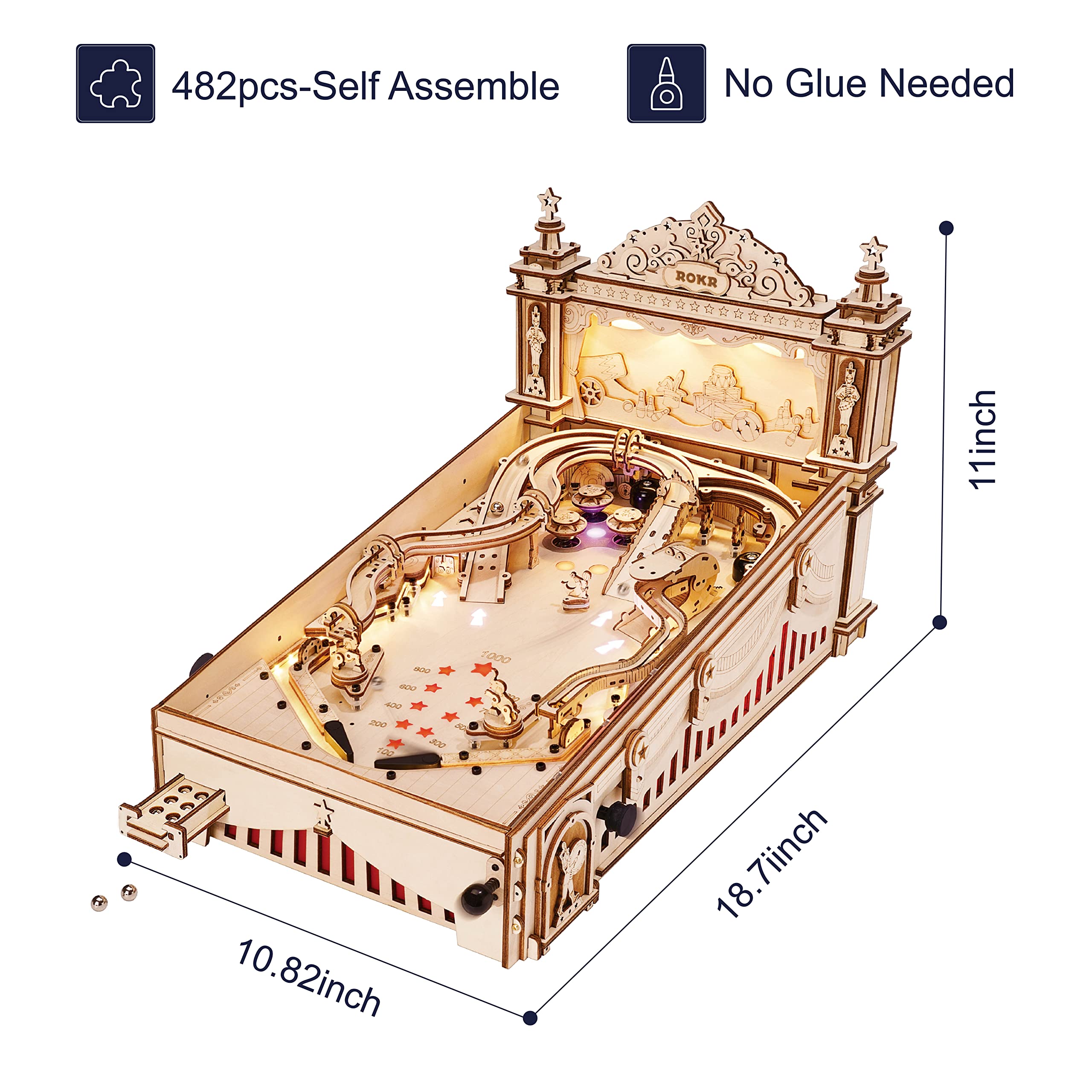 ROKR Miniature Pinball Machine - 3D Wooden Puzzle for Adults & Teens 14+, DIY Model Building Kit, STEM Educational Toy - Perfect for Home Decor, Office Desk & Gift Giving