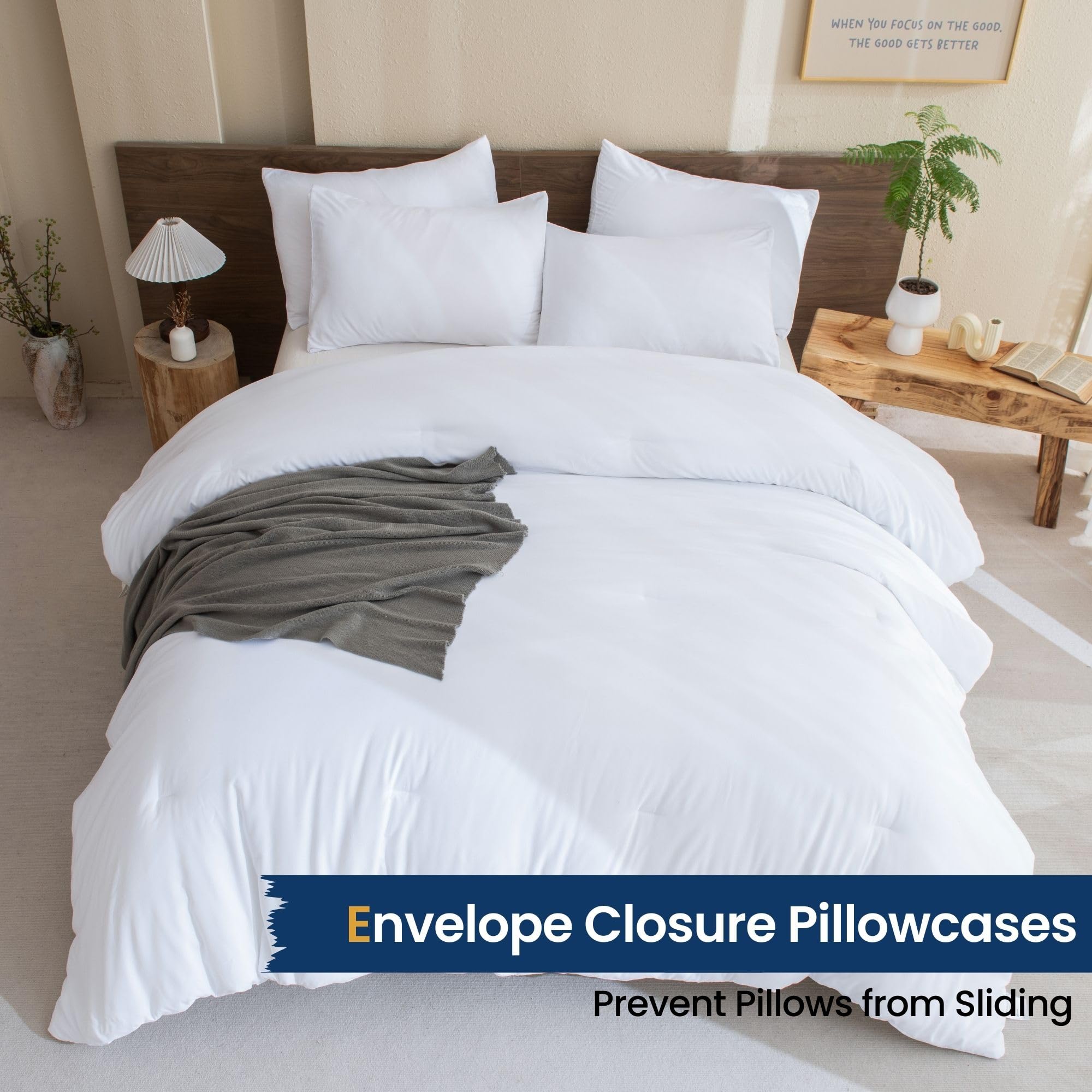 Paxrac Classic Pure White Queen Size Comforter Set - 3 Piece Boho Lightweight Solid Bedding, All Seasons Soft Breathable 90x90 Inch Comforter with 2 Pillowcases | Perfect for Guest Rooms, Master Bedrooms & Cozy Boho Chic Decor
