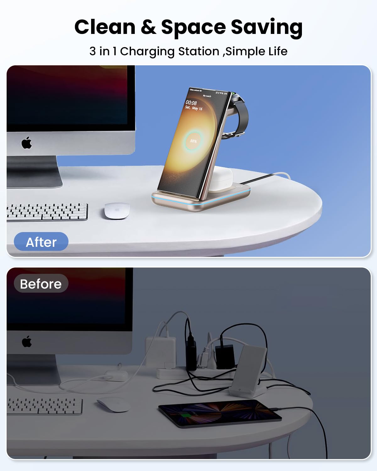 CIYOYO 3-in-1 Wireless Charging Station: 18W Fast Charger Stand for Samsung Galaxy S24/S23/S22/S21/S20/Z Flip/Fold 4, Watch 6/5/4/3 & Buds 2 Pro - Titanium Grey | Perfect for Home, Office & Travel Charging Needs