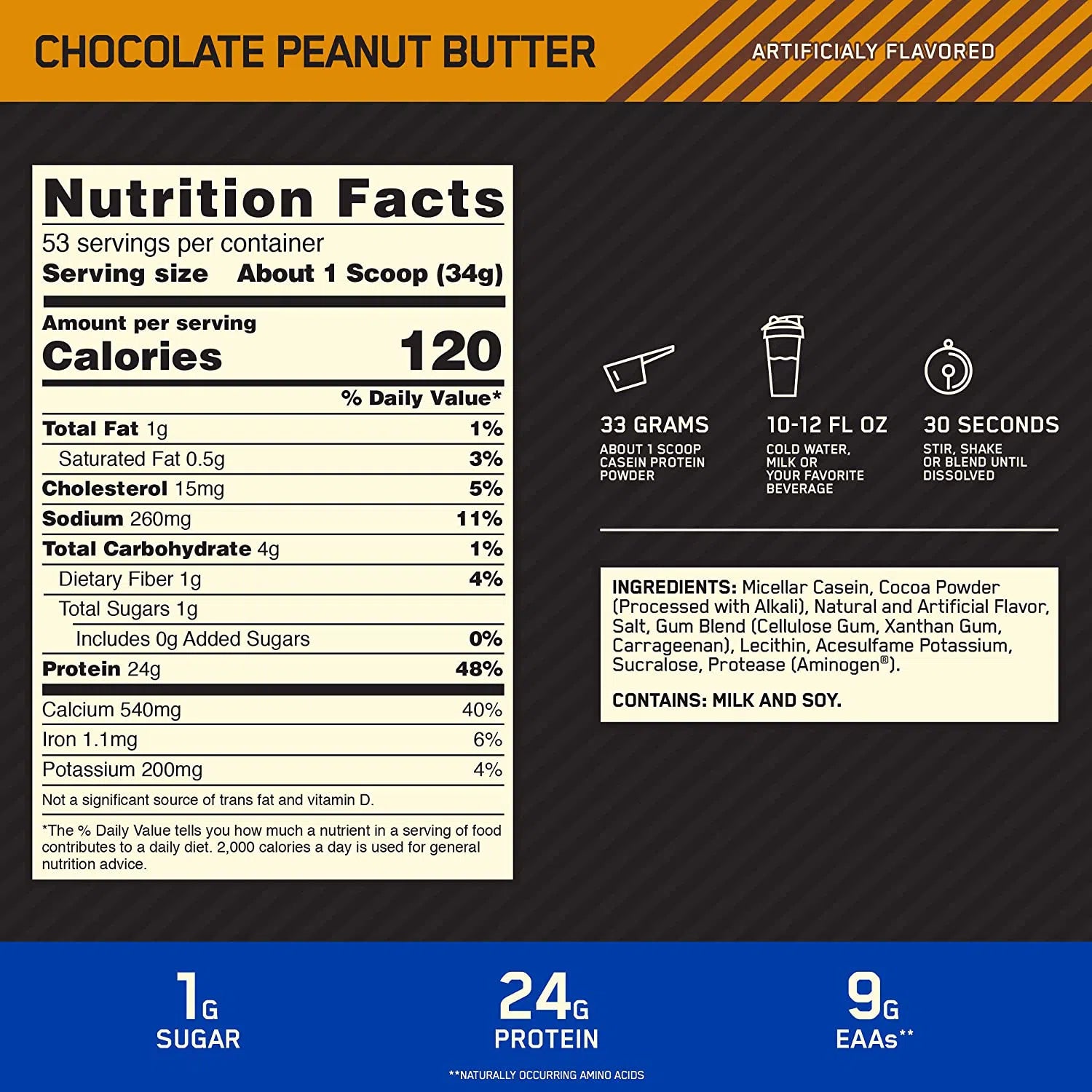 Optimum Nutrition Gold Standard 100% Casein Protein Powder - Slow Digesting Muscle Recovery Supplement for Nighttime Use & Post-Workout - Chocolate Flavor (2 lbs)