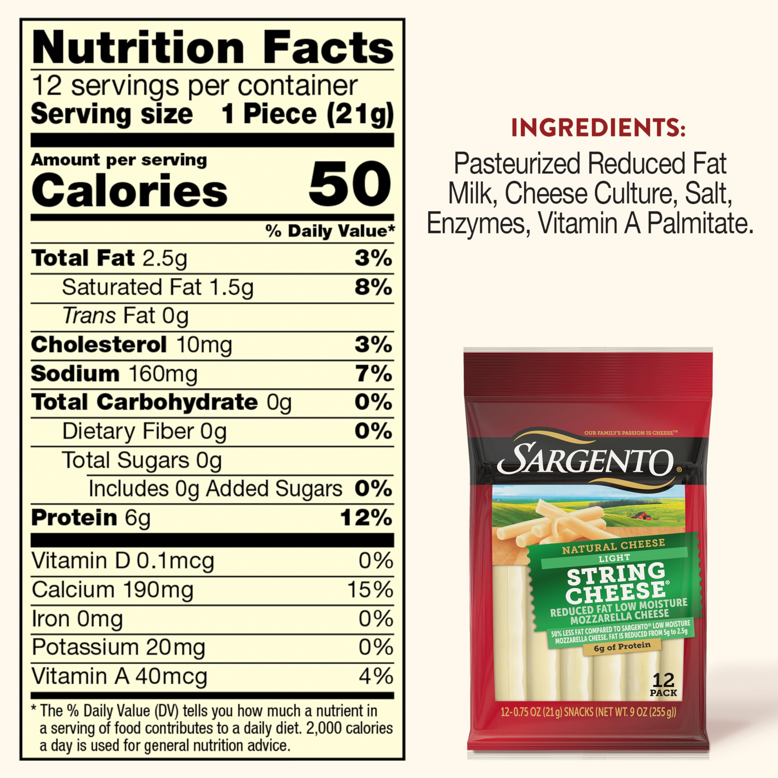 Sargento Light String Cheese Snacks - Reduced Fat Low Moisture Part-Skim Mozzarella Natural Cheese (12 Count) | Healthy On-The-Go Snack for Kids, Lunch Boxes & Keto Diet