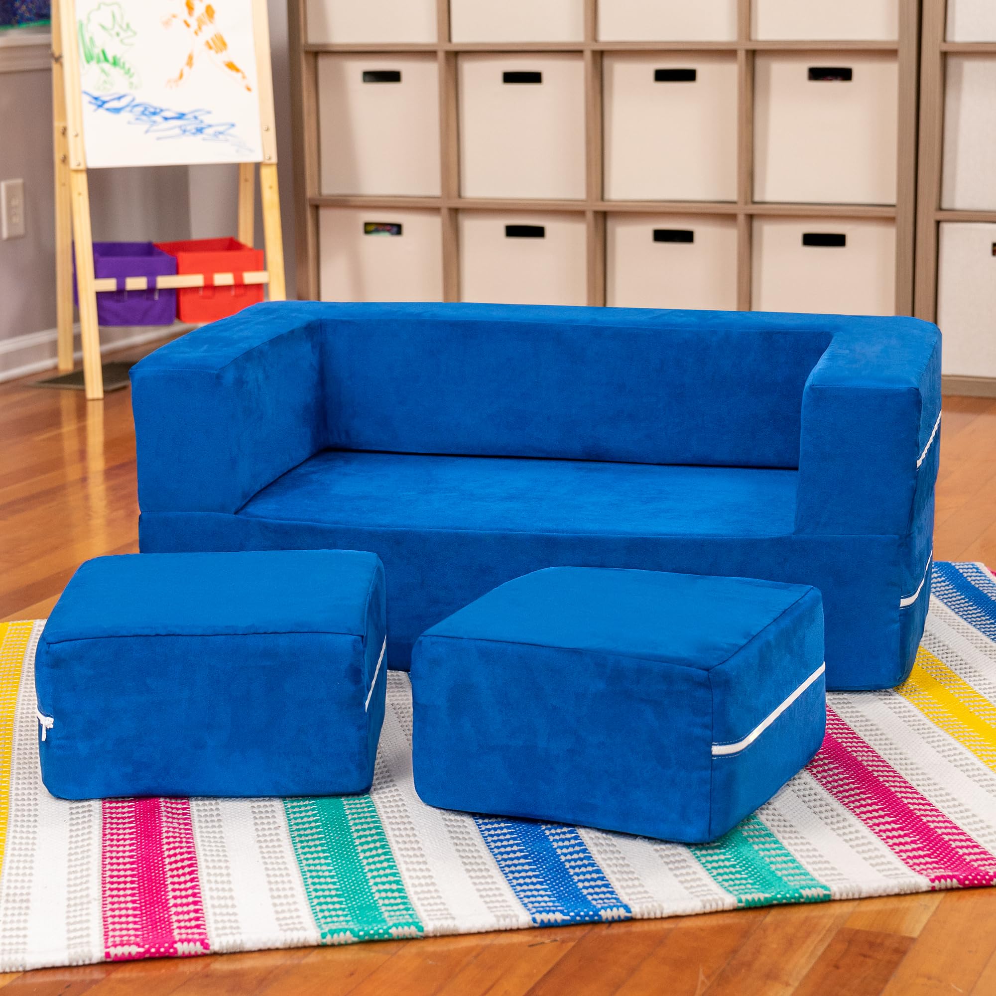 Jaxx Zipline Kids Modular Loveseat & Ottomans with Fold Out Lounger - Blueberry Blue - Convertible Playroom Furniture for Toddlers & Children - Perfect for Playrooms, Bedrooms & Daycare Centers