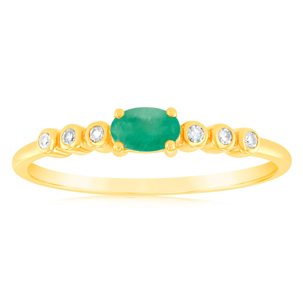 9ct Yellow Gold 5X3mm Emerald and Diamond Ring - Elegant Birthstone Jewelry for Women, Perfect for Anniversary, Engagement, and Special Occasion Gifts