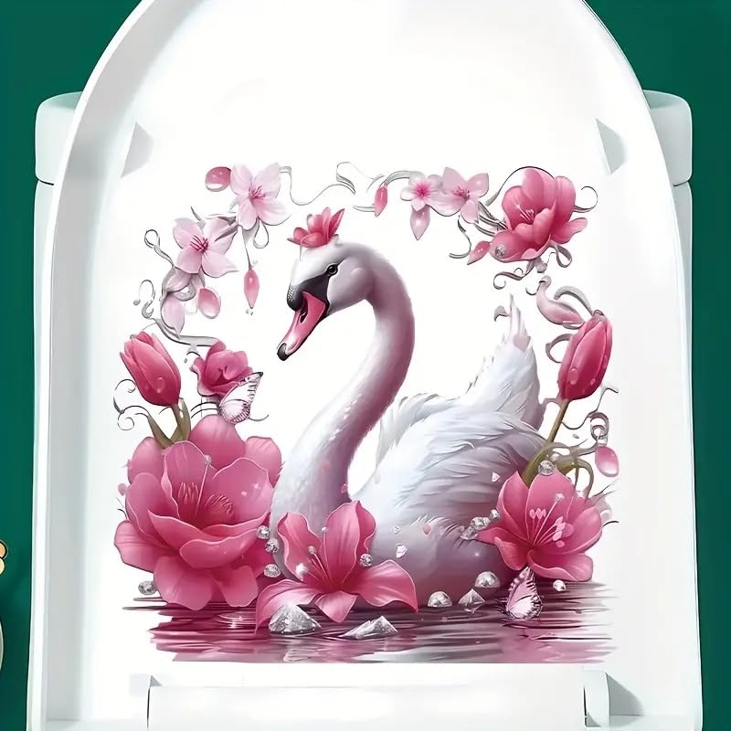 Waterproof Swan Blossoms Flower Toilet Cover Stickers - Spring Floral Leaf Butterfly Bathroom Decals for Toilet Lid, Tank & Seat | Self-Adhesive Vinyl Wall Stickers for Bathroom Decor (Home, Apartment, RV)