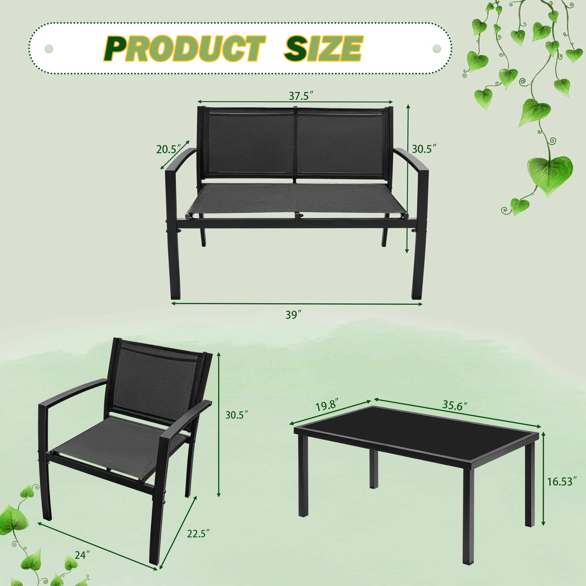 Tuoze 4-Piece Outdoor Patio Furniture Set with Glass Coffee Table - Black Bistro Conversation Set for Garden, Yard, Lawn & Balcony | Perfect for Relaxing, Entertaining & Outdoor Dining