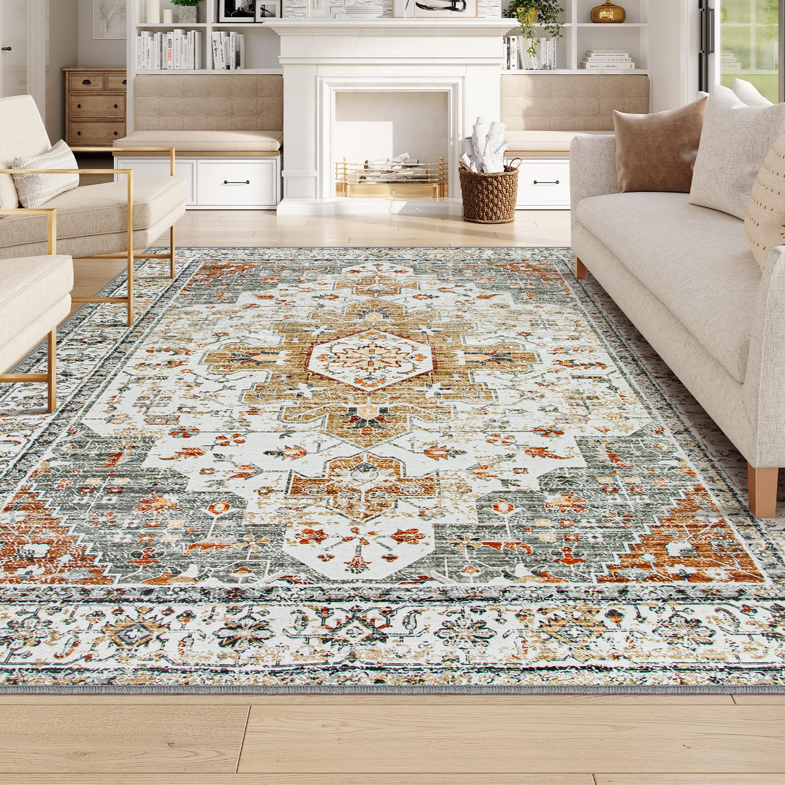 Ultra-Thin Washable 8x10 Area Rug - Vintage Oriental Medallion Low Pile Carpet for Living Room, Bedroom & Dining Table - Beige/Gold Home Office Decor - Perfect for High-Traffic Areas & Pet-Friendly Spaces