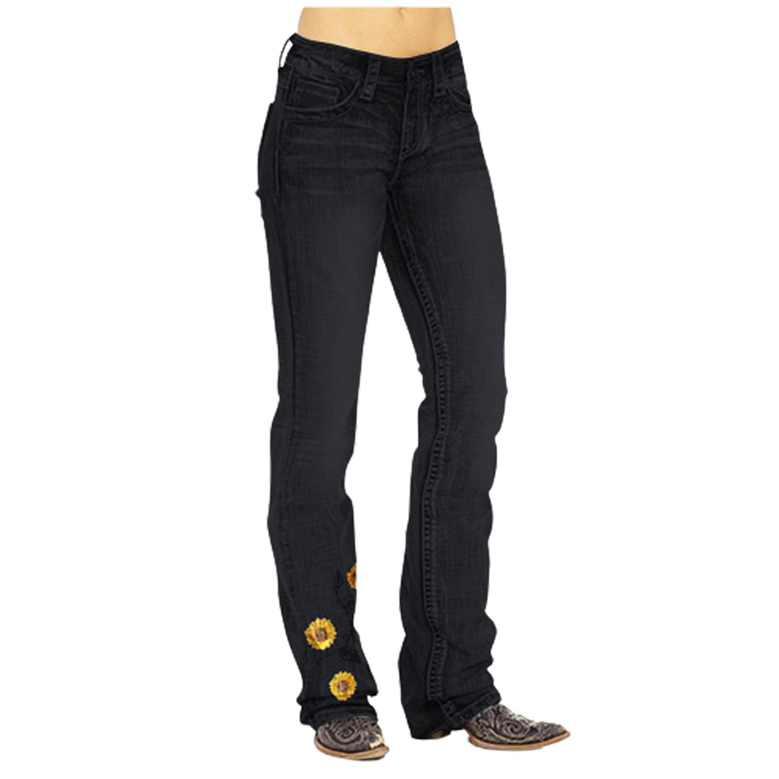 Women's Floral Embroidery Straight Leg Jeans - Mid Rise Casual Denim Pants with Button Fly & Stretch - Plus Size Comfort Fit for Everyday Wear, Work & Date Nights
