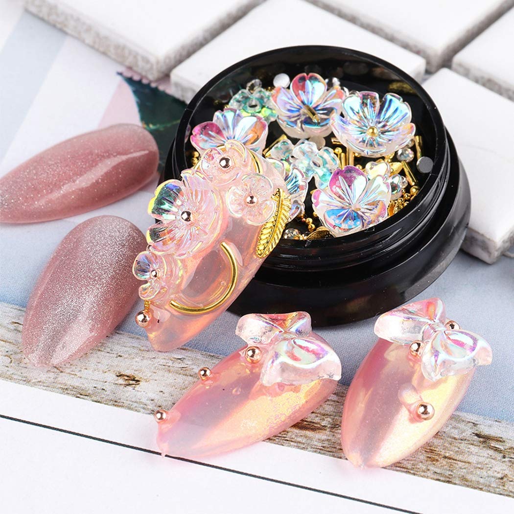 Anjetan 3D Flower Nail Rhinestones - Mixed Metal Nail Studs & Gems for Nail Art Decoration | DIY Creative Nail Charms for Manicure, Wedding, Party & Salon Use