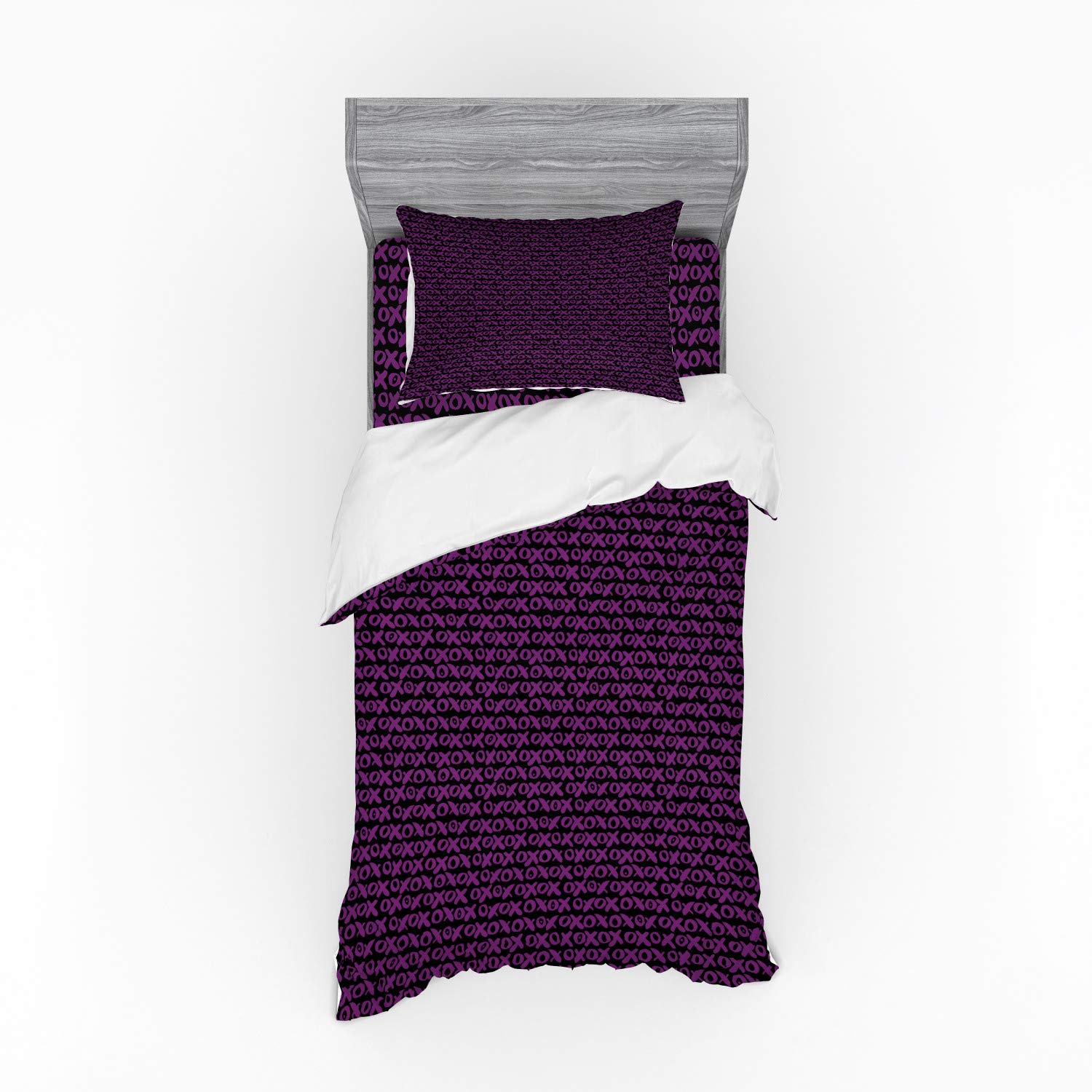 Ambesonne Abstract 3-Piece Twin XL Bedding Set - Funky Brush Stroked Crooked Hand Lettering Retro XOXO Pattern Duvet Cover with Sham & Fitted Sheet in Purple & Black | Modern Bohemian Bedroom Decor for Teens & Young Adults