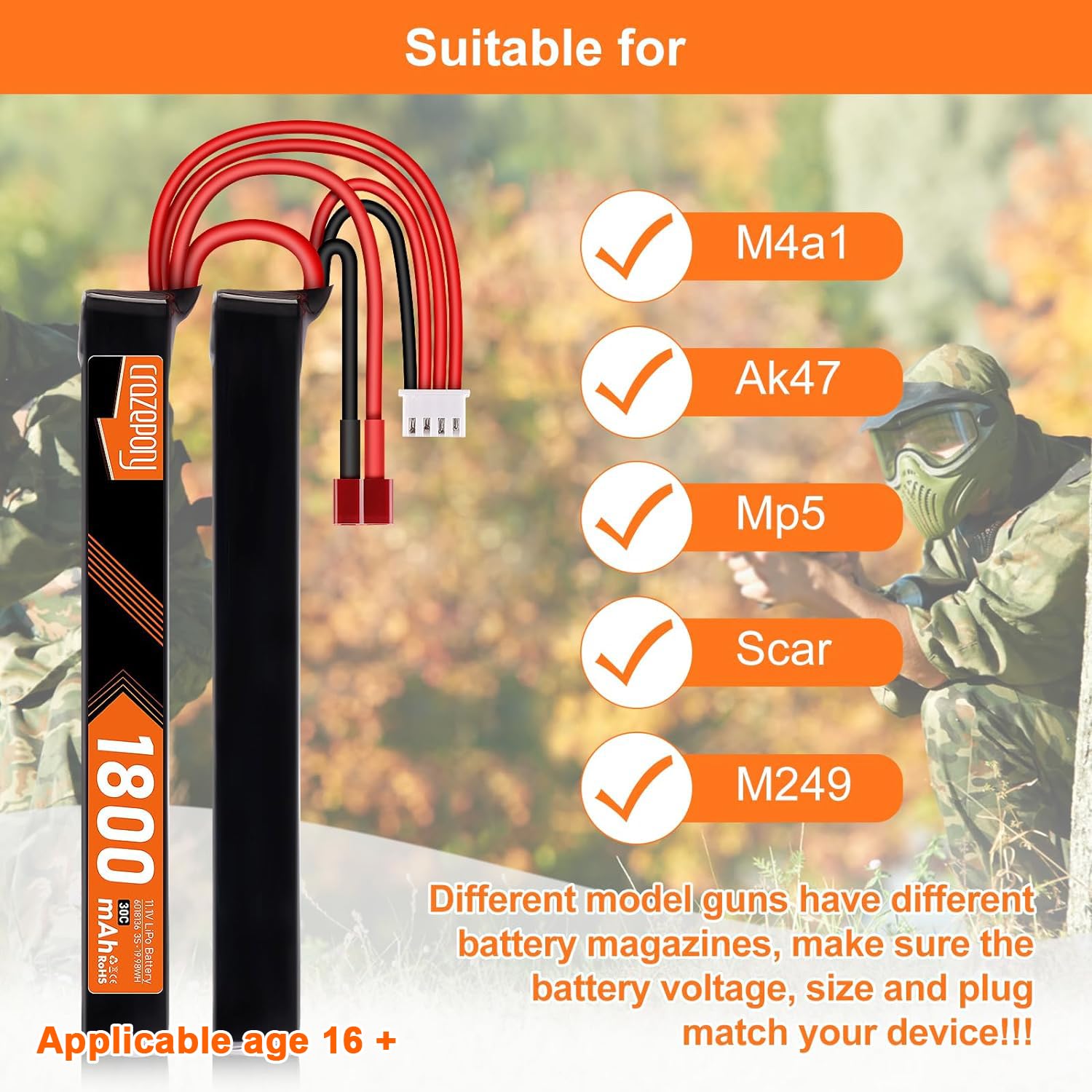 Crazepony 11.1V 1800mAh 3S LiPo Battery with Deans T Plug to Mini Tamiya Adapter Cable - Perfect for RC Cars, Drones, and Remote Control Vehicles