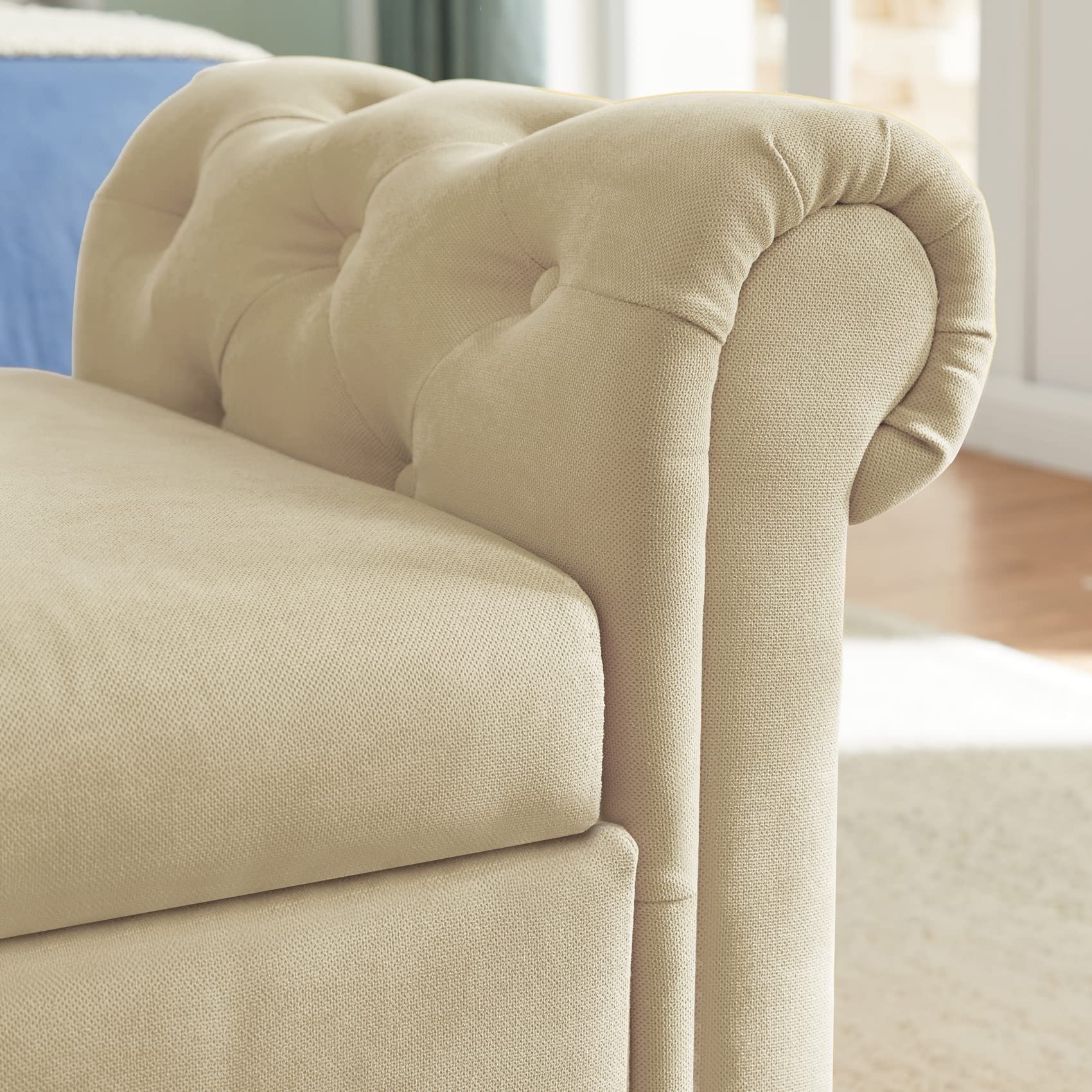 Aoowow Storage Bench with Rolled Arms - Linen Fabric Ottoman for Bedroom, End of Bed, Window Seat, or Fireplace - Beige Toy Storage Bench for Living Room, Nursery, or Entryway