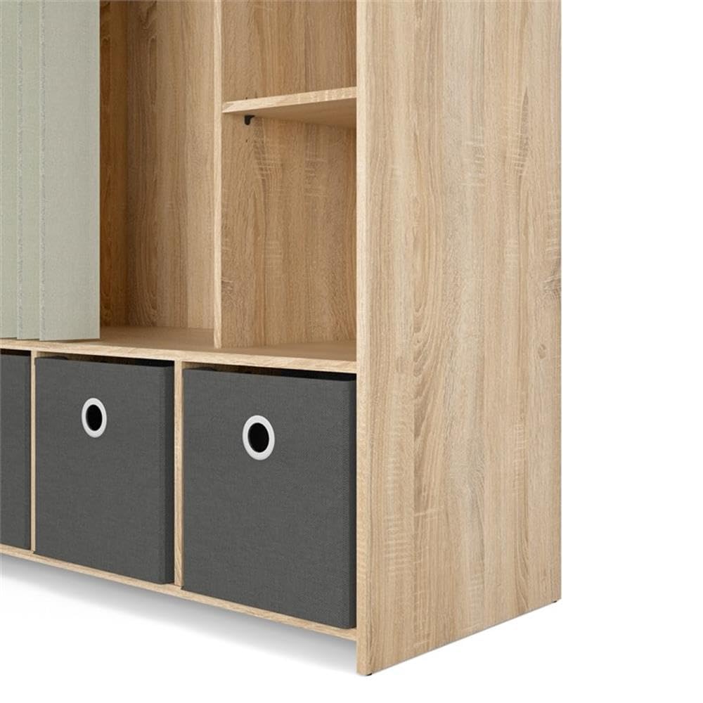 Tvilum Lola 3 Bin Curtain Storage Organizer - Oak Wood Frame with Natural & Gray Fabric Bins - Perfect for Bedroom Closet, Kids Room, or Bathroom Storage