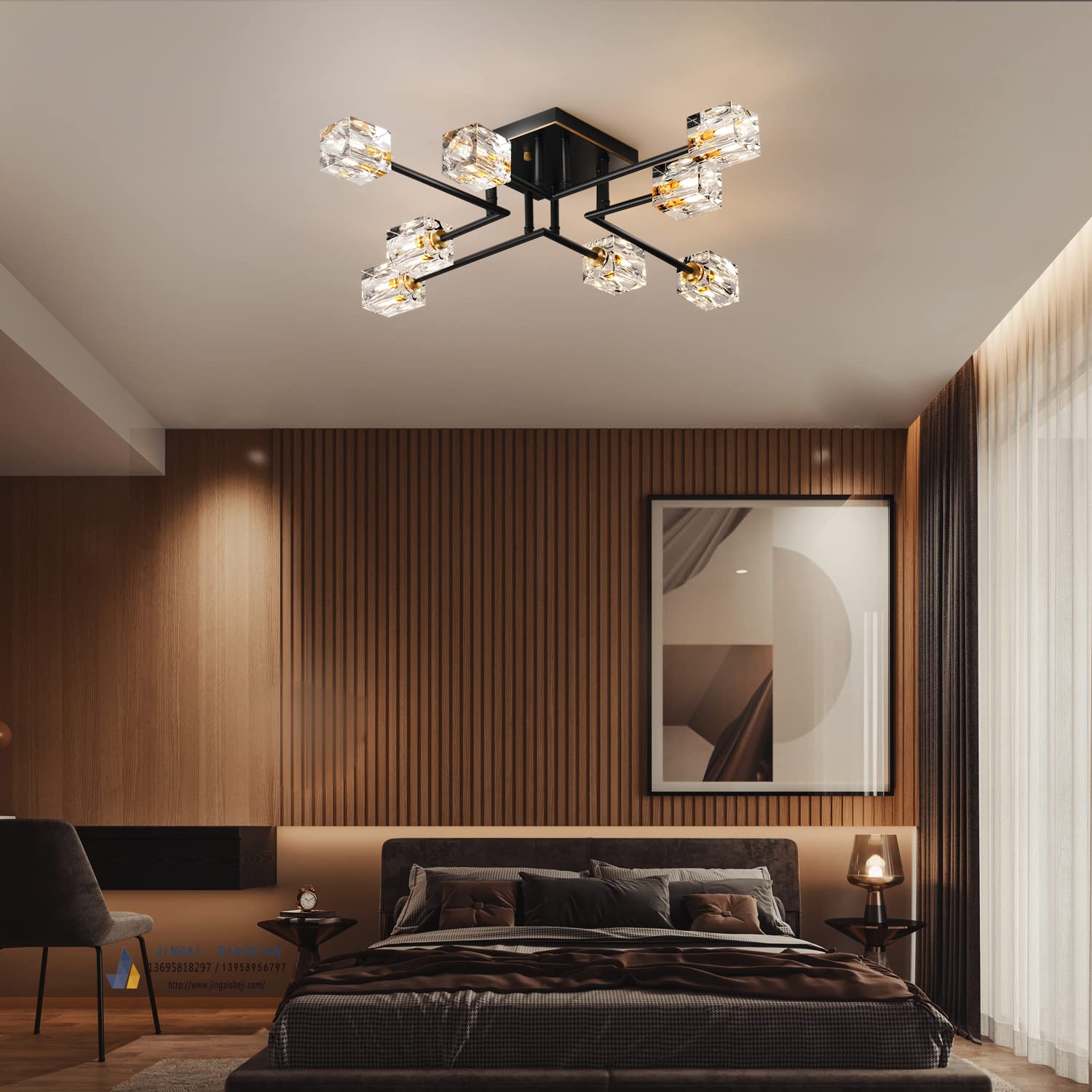 8-Lights Semi Flush Mount Ceiling Light Fixture - Black and Gold Modern Crystal Chandelier - Farmhouse Lighting for Dining Room, Living Room, Kitchen, Bedroom, Entryway - Perfect for Home Decor, Wedding Venues & Restaurants