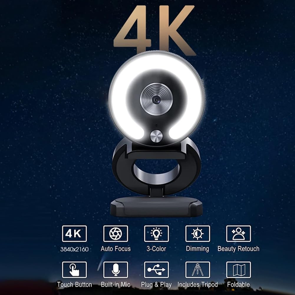 4K Webcam with Fill Light & Built-in Mic - Full HD Mini Camera for Laptop, PC, Live Streaming, Video Calls, Online Classes & Web Conferencing