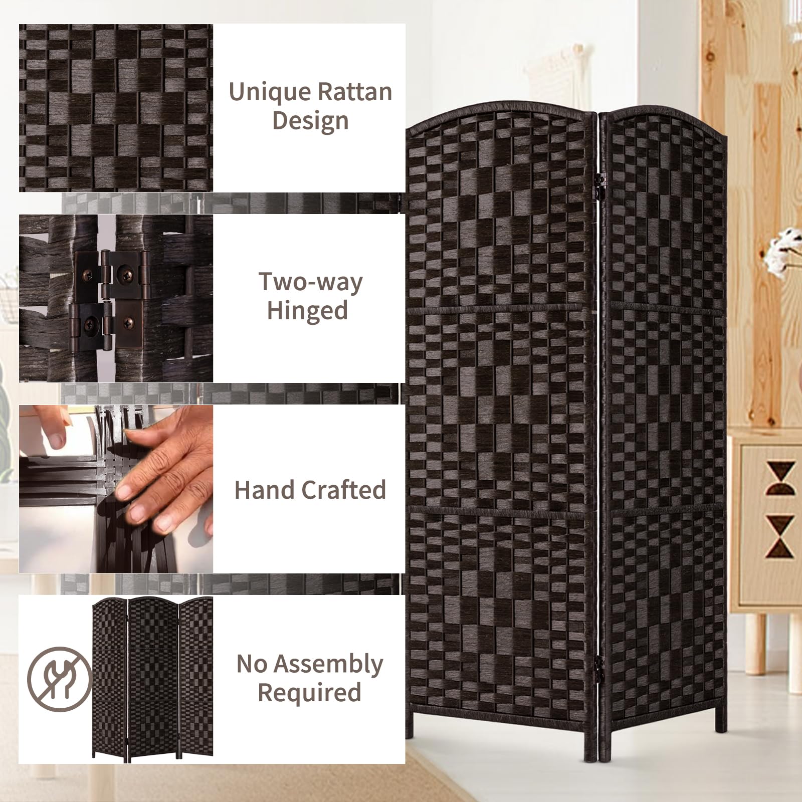 4-Panel Dark Mocha Room Divider - Foldable Privacy Screen & Temporary Wall Partition for Home Office, Bedroom, and Studio Space Separation