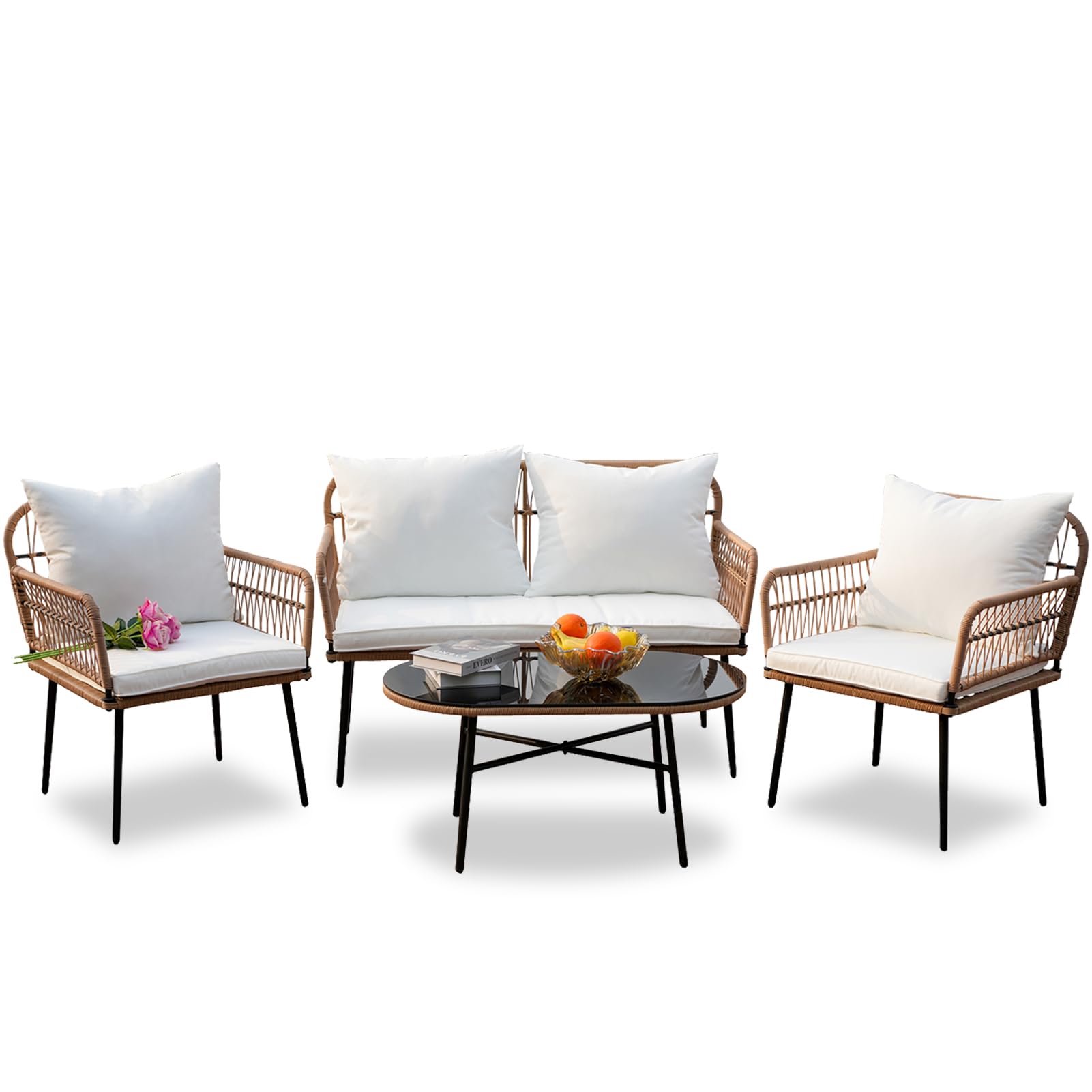 Homsido 4-Piece Boho Patio Furniture Set - Outdoor Wicker Chairs with Washable White Cushions & Glass Coffee Table - Perfect for Balcony, Garden, or Backyard Relaxation