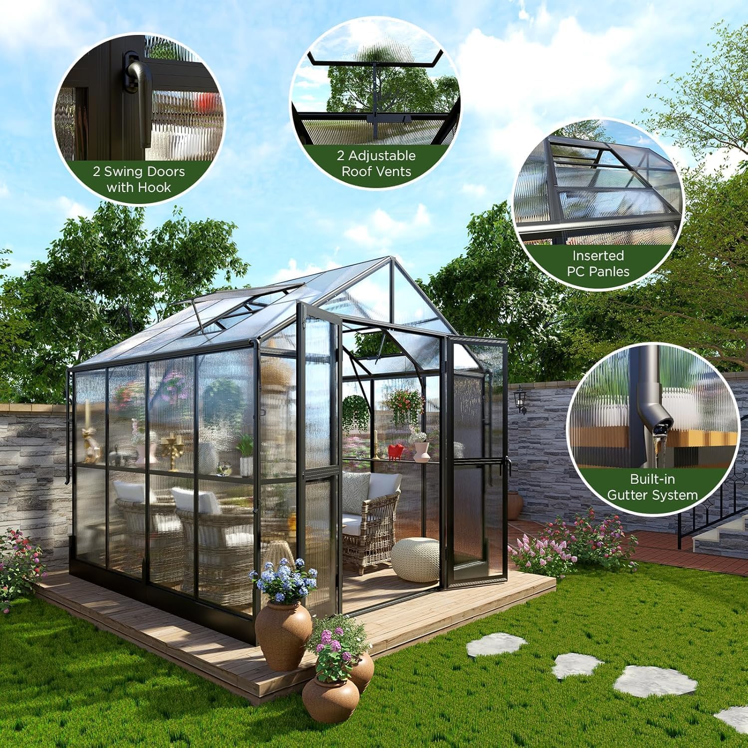 Premium 8x8x7.5 FT Polycarbonate Walk-in Greenhouse with Double Swing Doors & 2 Vents - 5.2FT Extended Wall Height, Durable Aluminum Frame for Year-Round Gardening - Ideal for Outdoor Winter Sunrooms, Backyard Plant Protection & All-Season Vegetable Growing (Black)