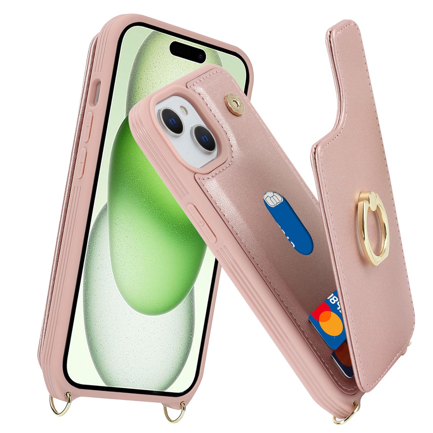 iPhone 15 Wallet Case with Card Holder & Wrist Strap - 6.1 Inch Rose Gold Phone Cover with Crossbody Lanyard, Ring Stand & Snap Closure | Perfect for Women's Everyday Use, Shopping & Travel Accessories