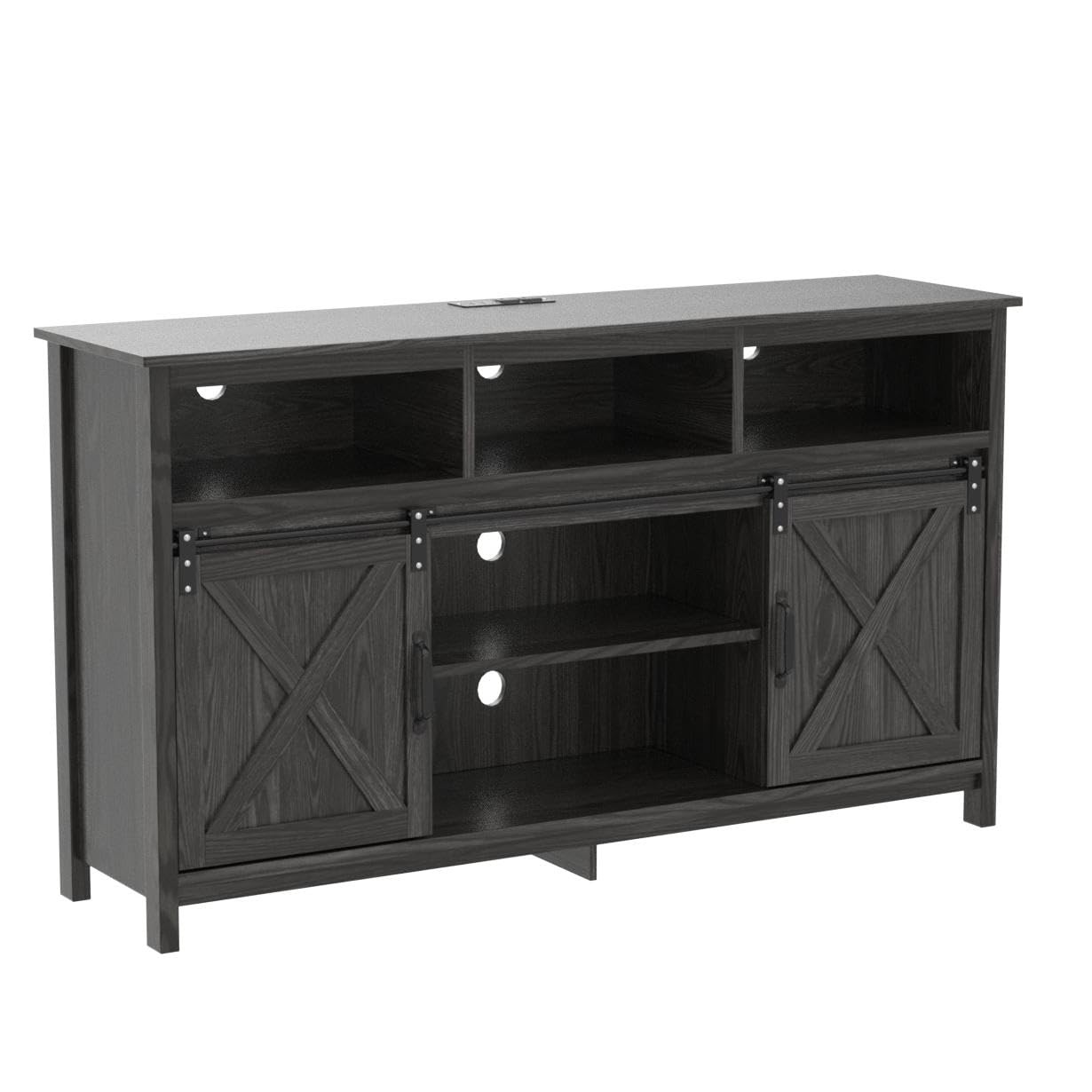 Rustic Farmhouse Coffee Bar Cabinet with Sliding Barn Door - Buffet Server Sideboard with Power Outlet for Dining Room, Kitchen & Entryway - Wash Grey Finish | Perfect for Home Decor, Coffee Station & Storage Solution