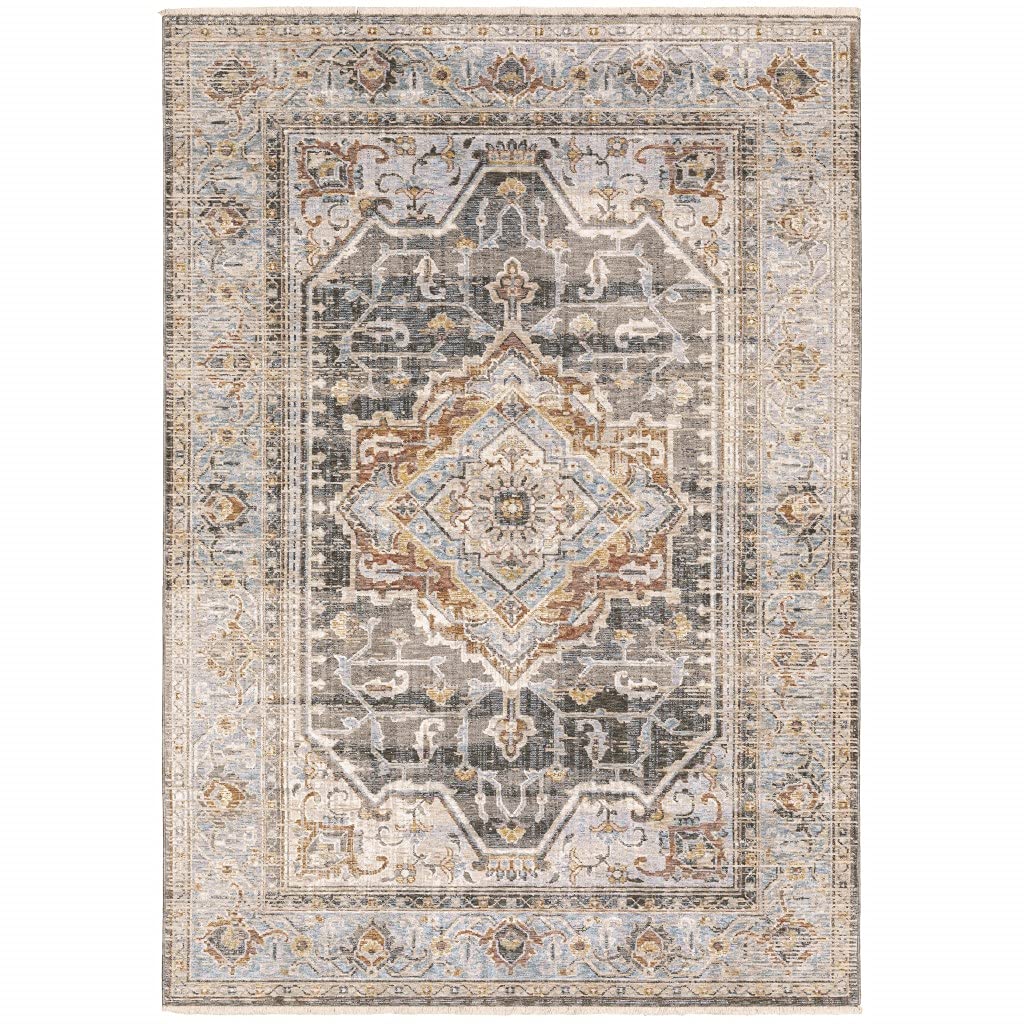 HomeRoots Polyester 8' Grey Blue Machine Woven Medallion Indoor Runner Rug - Non-Slip Hallway Carpet for Living Room, Bedroom & Entryway Decor