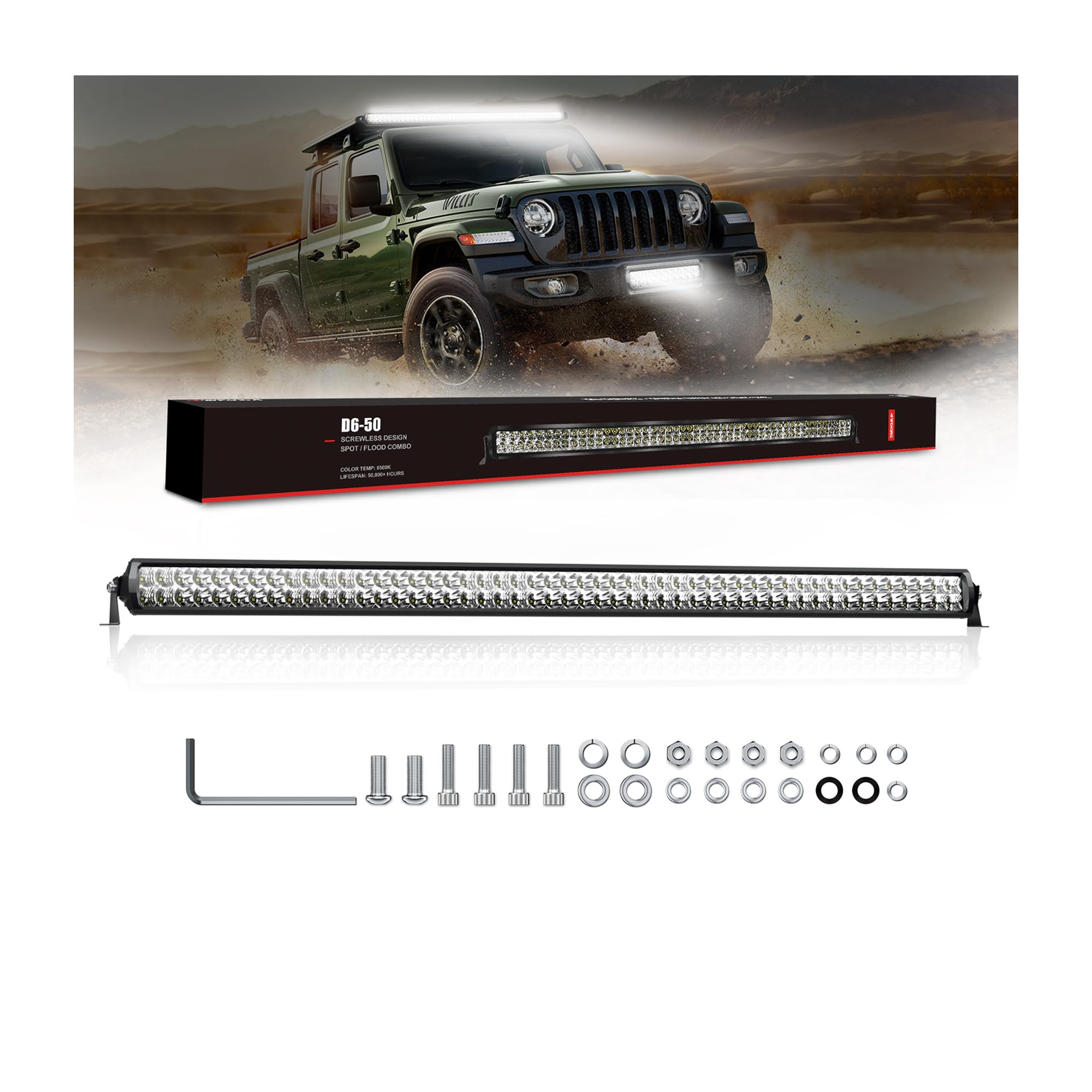 4WDKING 50 Inch LED Light Bar - IP68 & IP69K Waterproof Off-Road Light with DT Connector - 300W Flood & Spot Combo Beam - Perfect for Trucks, Cars, ATV, UTV, Boats - Ideal for Night Off-Roading, Camping, and Emergency Lighting