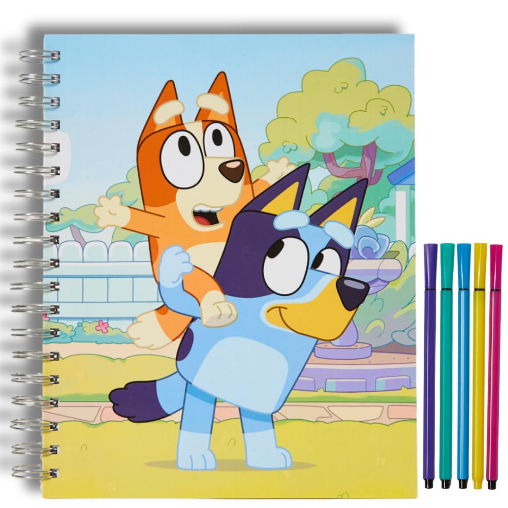 Bluey Sketchbook for Kids with Washable Markers - 86 Blank Pages Spiral Bound Drawing Notebook | Creative Art Supplies for Children | Perfect for School, Travel & Birthday Gifts