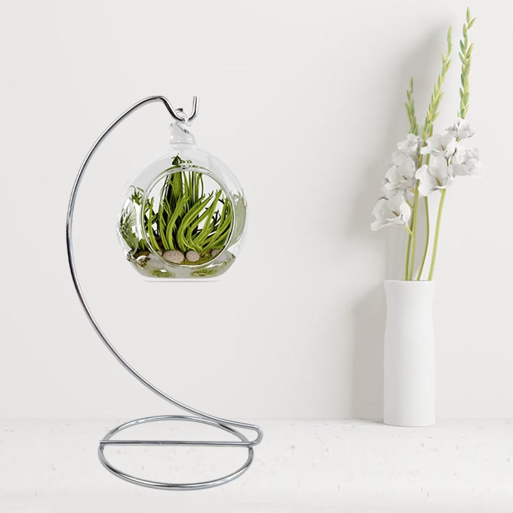 CXLE Ornament Display Stand - 9x4 Silver Iron Pothook Holder for Hanging Glass Globe, Air Plant Terrarium, Witch Ball, Christmas Decorations - Perfect for Home, Wedding & Holiday Decor Display