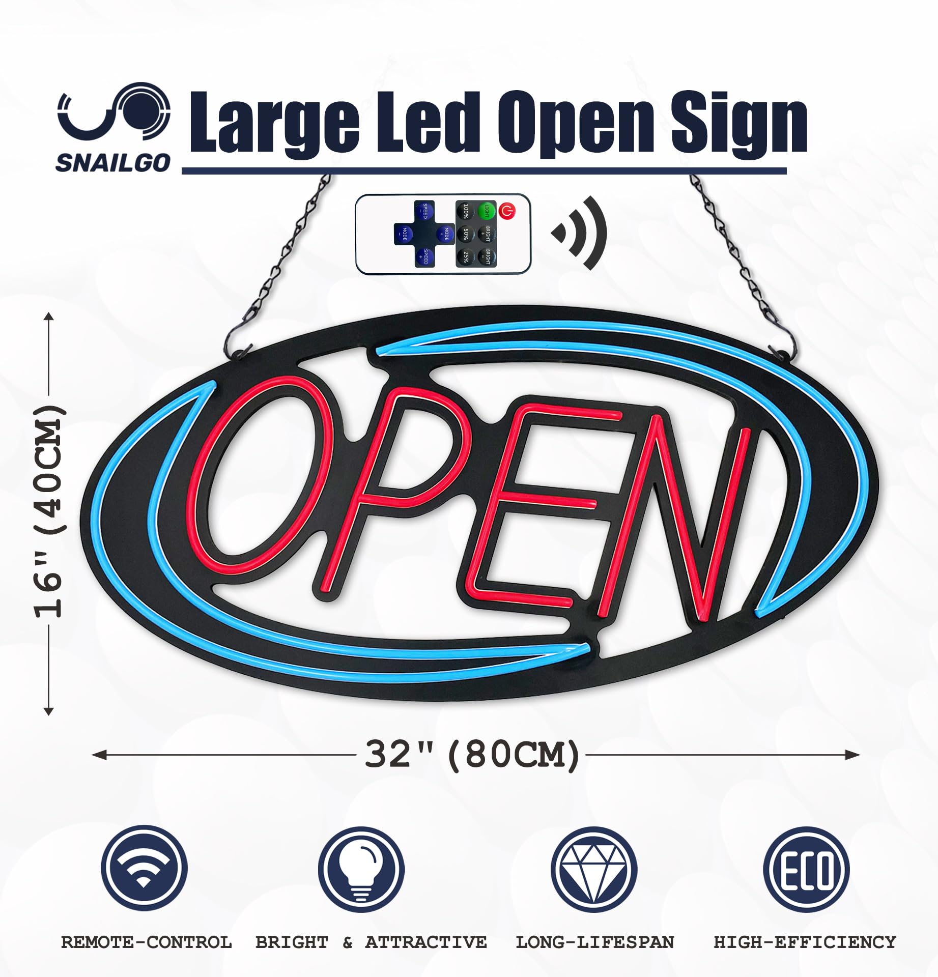 32x16 Inch Large Bright LED Open Sign for Business - Remote Control & Flashing Modes, Blue/Red Neon Light with ON/OFF Switch - Perfect for Window, Door, Bar, Coffee Shop, Salon, and Retail Store Display