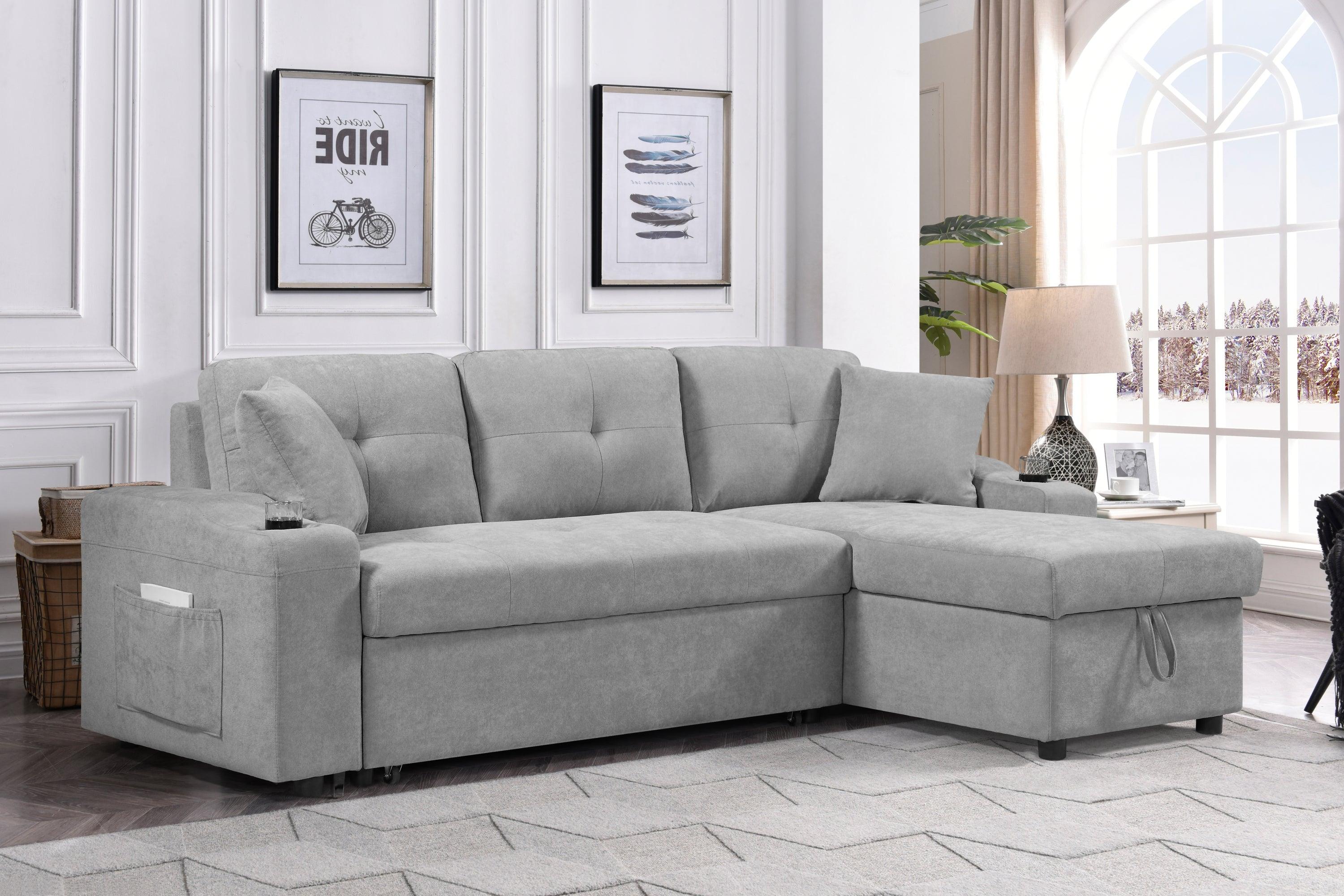 Convertible Corner Sofa with Armrest Storage - Modern Sectional Sofa for Living Room & Apartment, Right Chaise Longue in Grey - Perfect for Small Spaces, Movie Nights & Family Gatherings