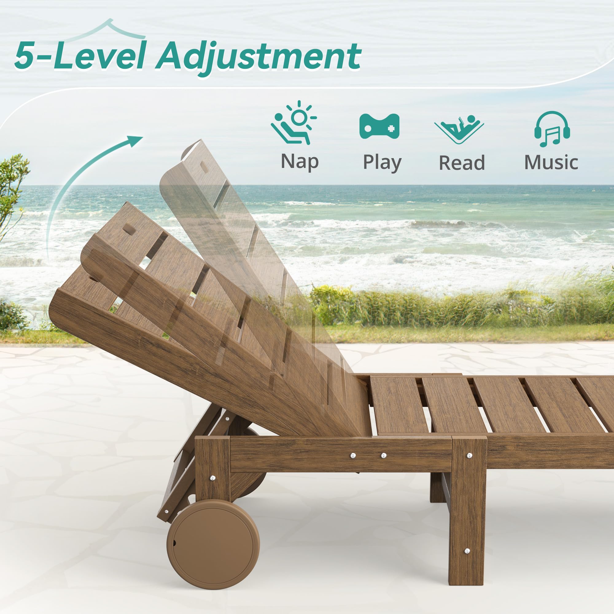 2-Pack HDPS Outdoor Lounge Chairs with 5-Position Adjustable Backrest & Wheels - Patio, Poolside & Beach Chaise Lounge Set (Brown) - Perfect for Sunbathing, Relaxing by the Pool or Coastal Getaways