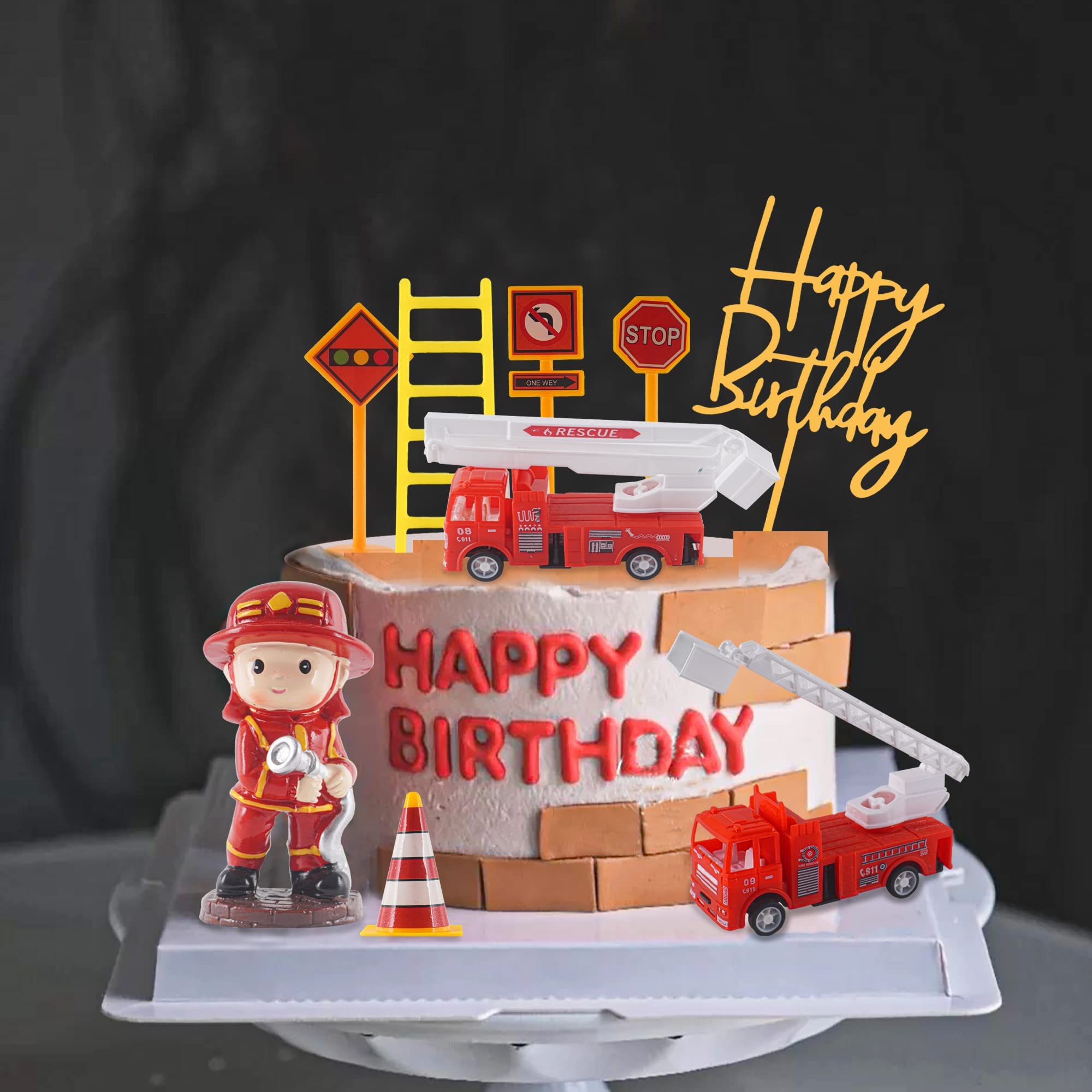 Fire Truck Cake Topper Set - 10PCS Firefighter Themed Birthday Cake Decorations for Baby Shower, Fireman Party & Happy Birthday Celebrations - Perfect for Firefighter Theme Cakes, Cupcakes and Dessert Tables