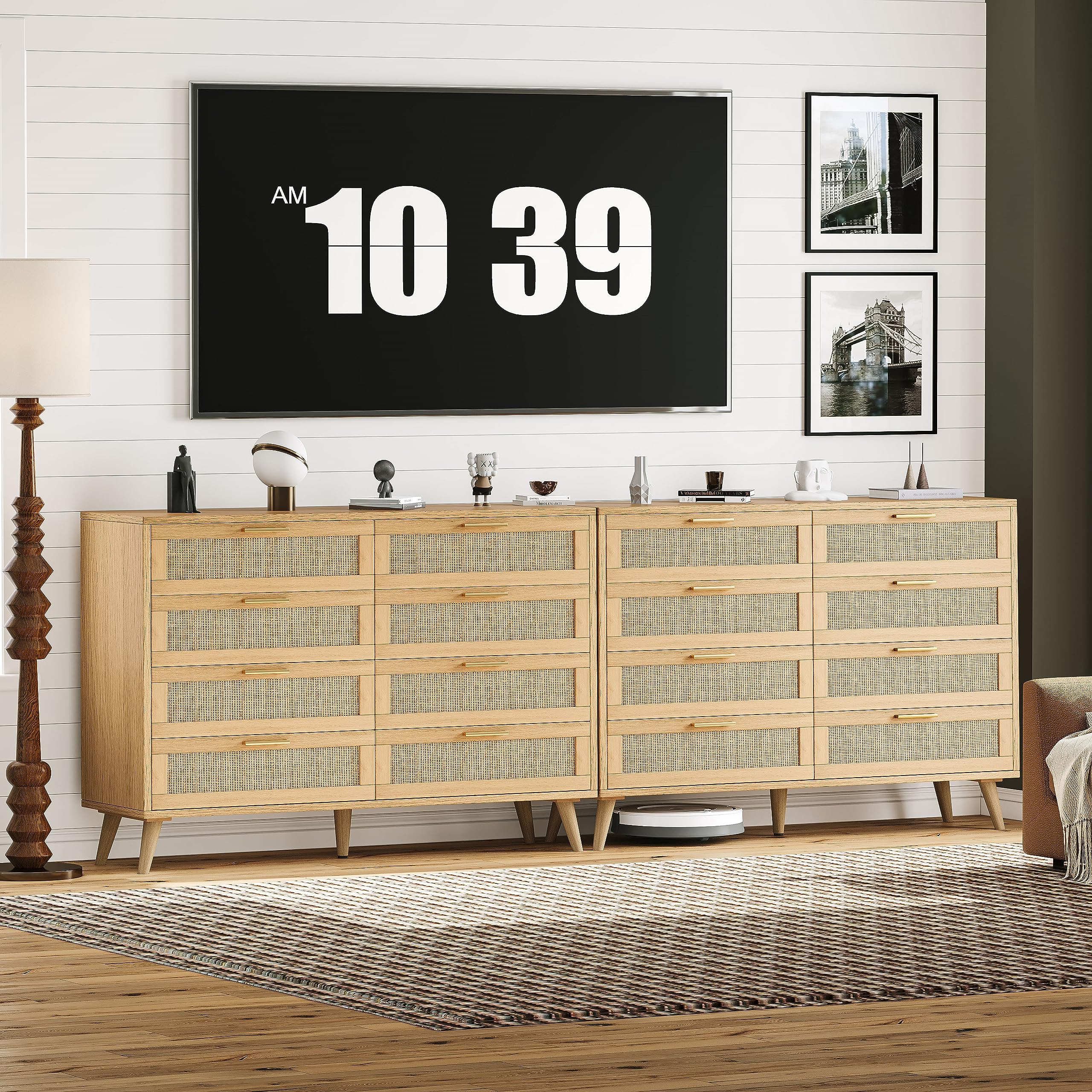 Rovaurx 8-Drawer Double Dresser - Modern Rattan Wooden Chest with Gold Handles for Bedroom, Living Room & Entryway - Stylish Storage Solution for Clothes, Linens & Home Organization