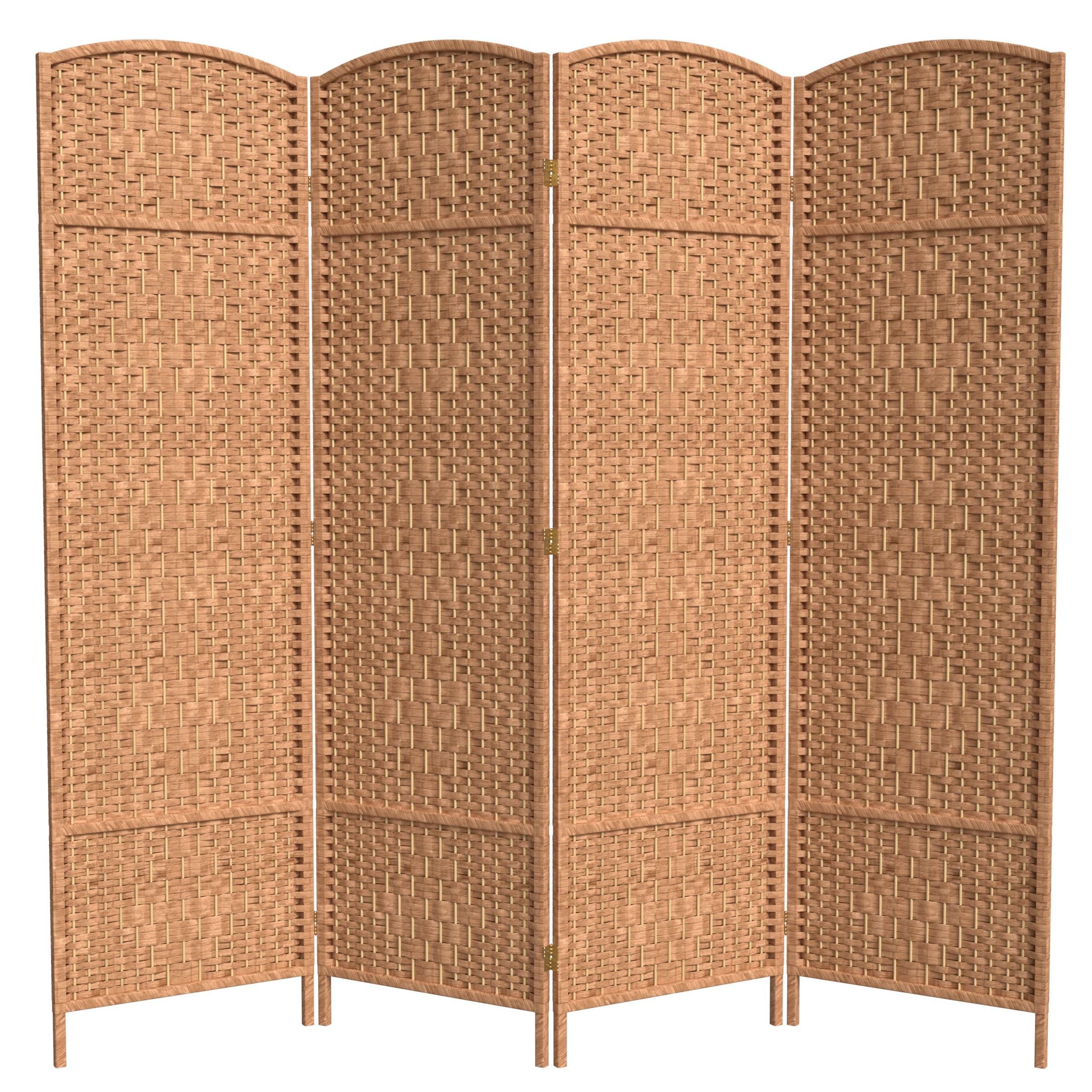 6 ft. Tall Red Diamond Weave Fiber Room Divider - Natural 4-Panel Folding Screen for Home, Office, and Outdoor Privacy Partition