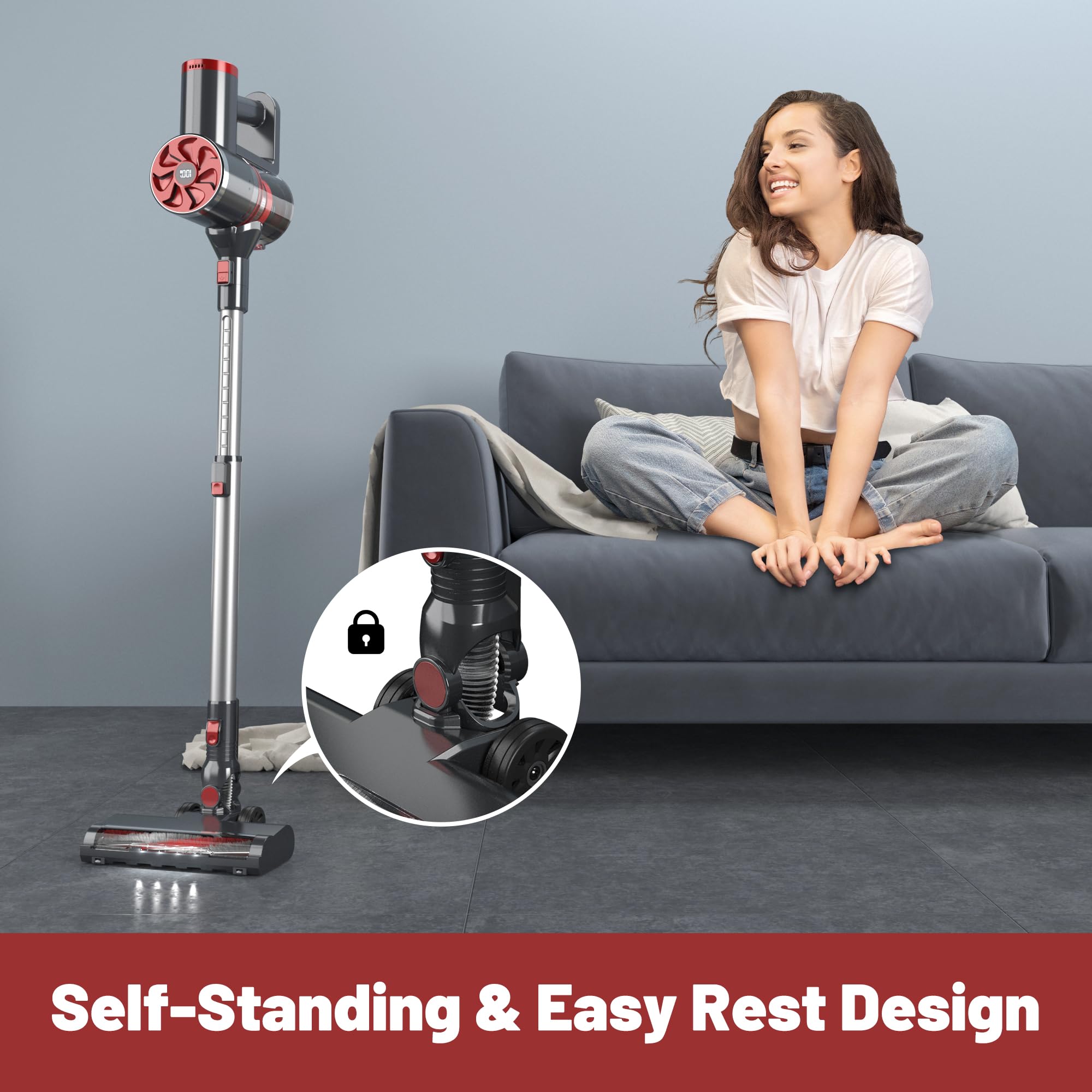 Powerful Cordless Vacuum Cleaner - 40Kpa Strong Suction, Self-Standing Stick Vacuum with LED Display, 40Min Runtime Brushless Motor, Lightweight for Hardwood Floors & Carpets - Ideal for Pet Hair Cleaning & Home Use (Red)