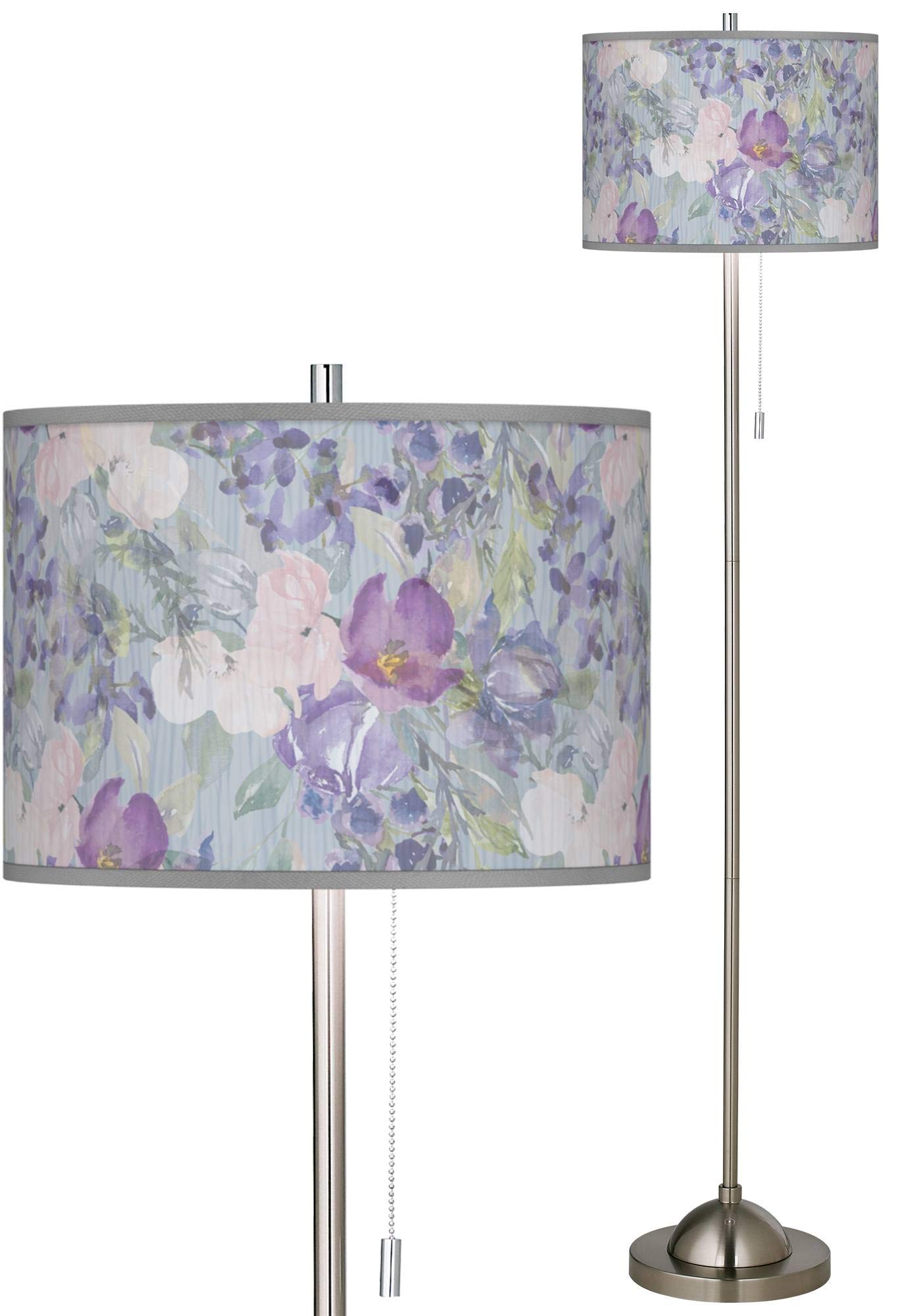 Spring Flowers Brushed Nickel Pull Chain Floor Lamp with Printed Shade - Elegant Lighting for Living Room, Bedroom & Office Decor