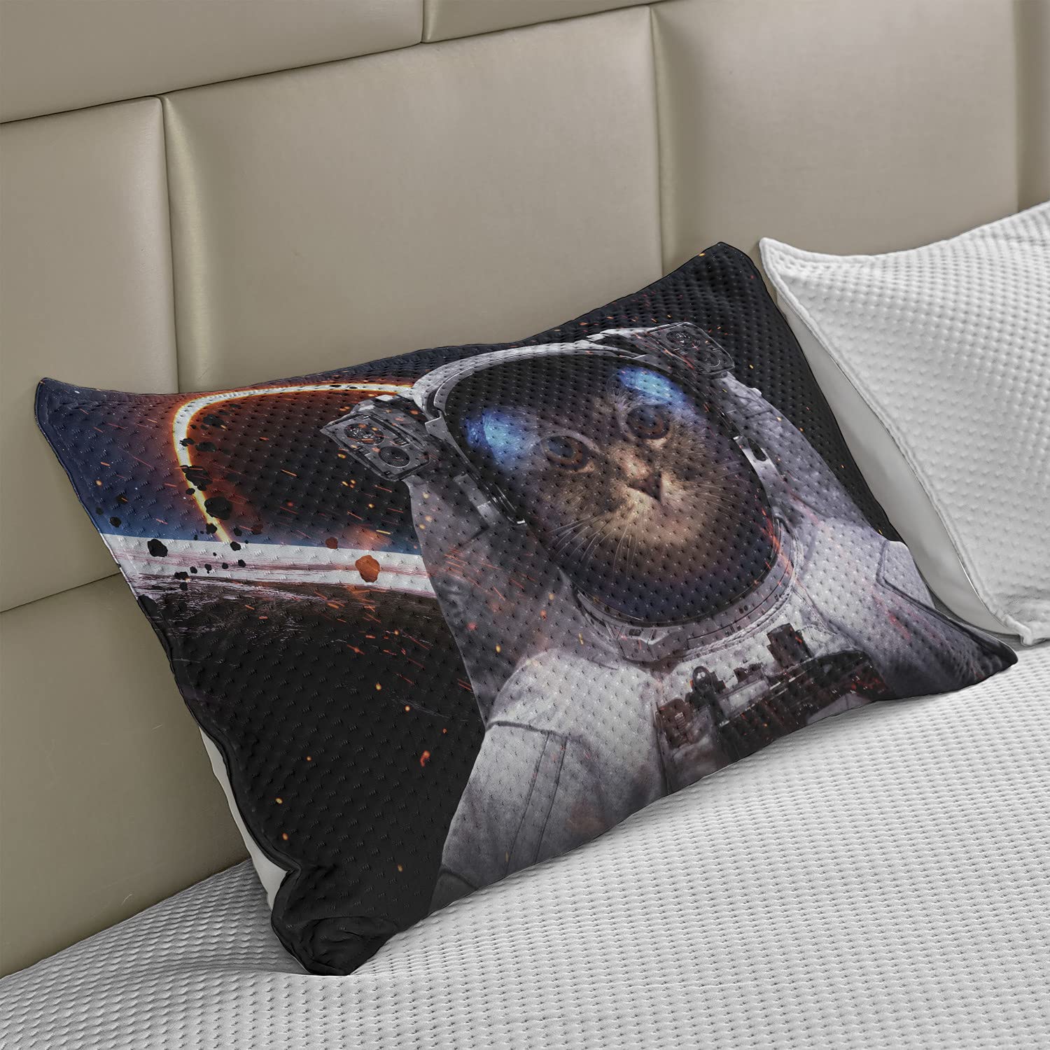 Ambesonne Space Cat Knitted Quilt Pillow Cover - Astronaut in Comet Galaxy Outer Space Art Print - Standard Queen Size 30x20 Inches - Dark Blue & White - Perfect for Bedroom Decor, Living Room Throw Pillow, and Gift for Space Lovers