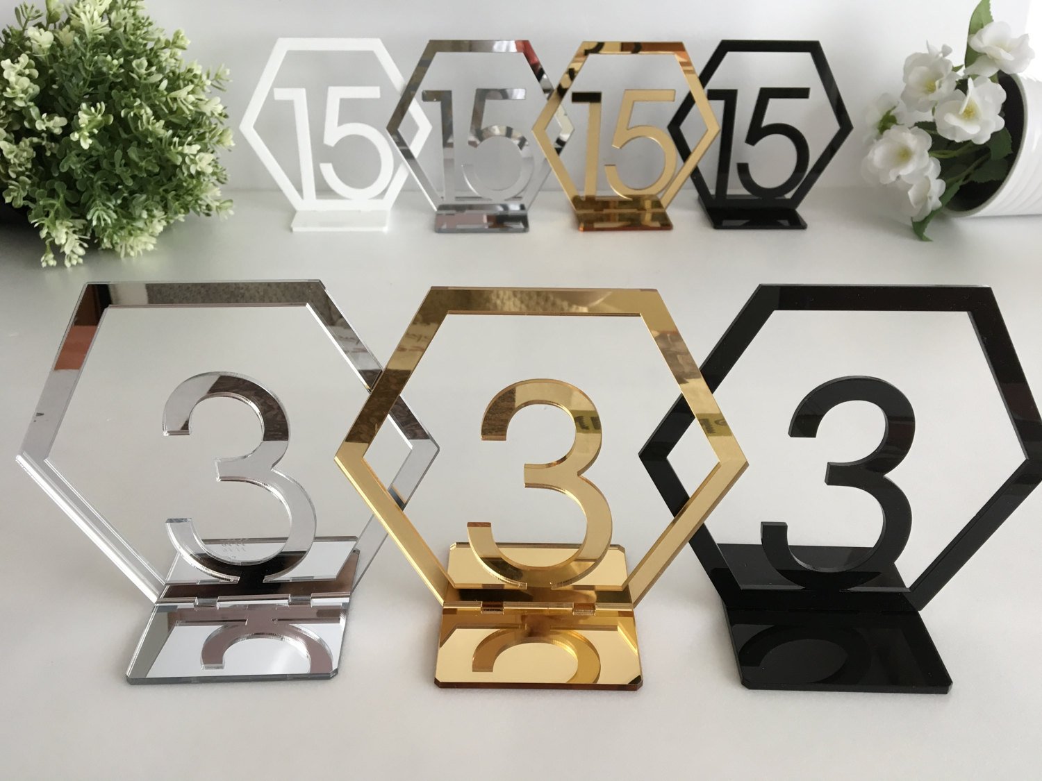 Ruixuan Acrylic Geometric Table Numbers - 10PCS Hexagon Wedding Table Decor with Mirror Gold/Silver Finish for Boho Centerpieces, Reception & Party Decorations