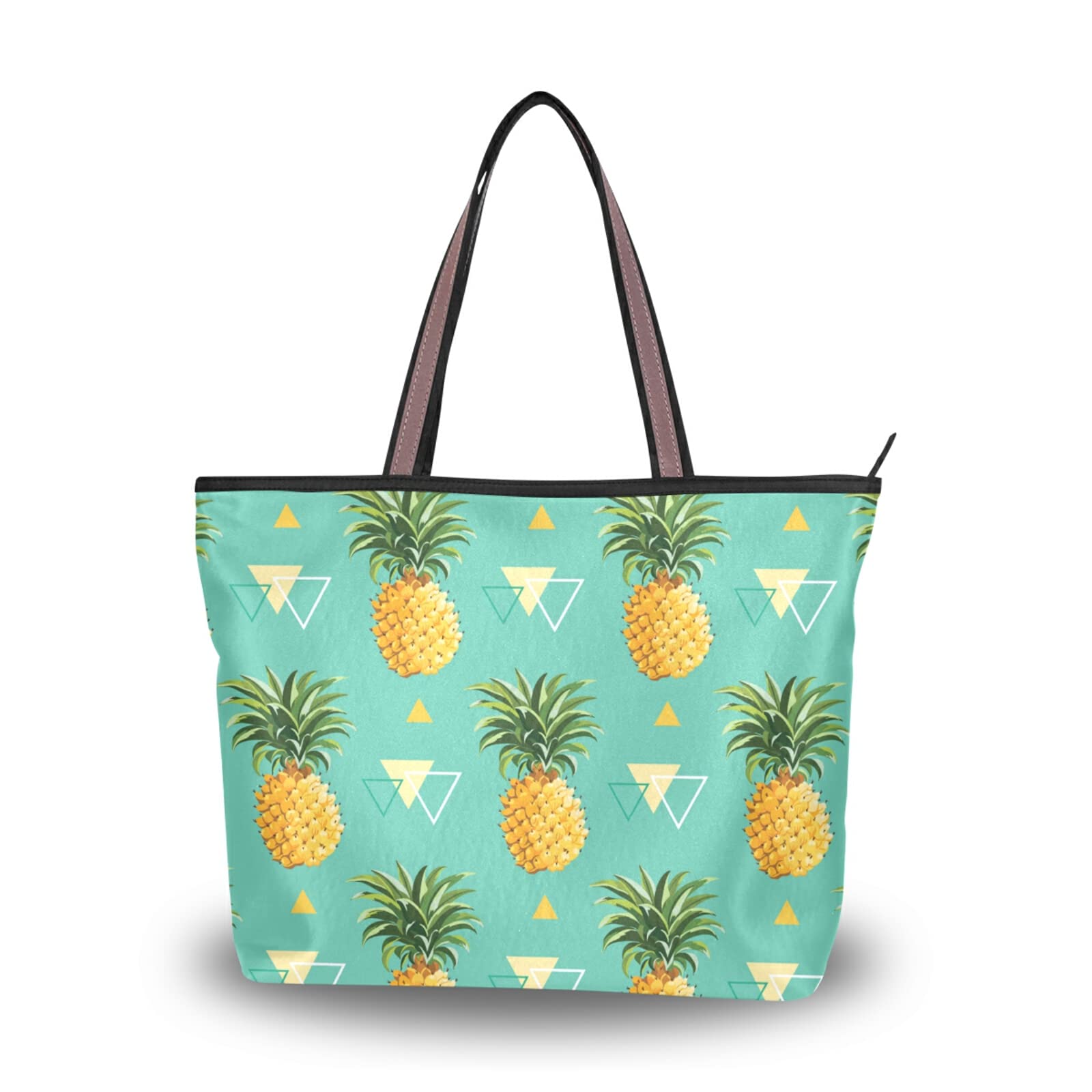 Pineapple Print Large Tote Bag for Women - Stylish Zippered Grocery Bag with 2 Size Options - Perfect for Shopping, Beach, Work & Daily Use