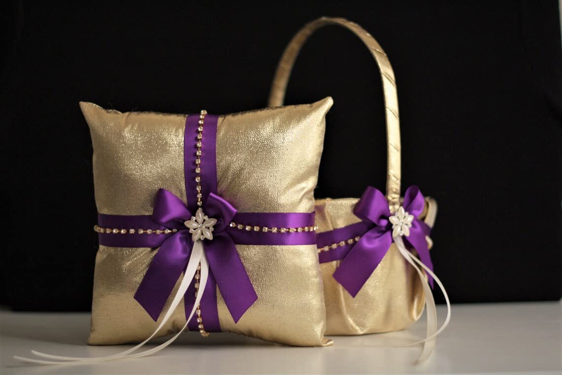 Luxury Purple Gold Wedding Pillow and Basket Set - Ring Bearer Pillow & Flower Girl Baskets for Elegant Ceremonies (1 Pillow + 2 Baskets) - Perfect for Wedding Aisle Decor, Bridal Shower Gifts, and Romantic Vow Renewals
