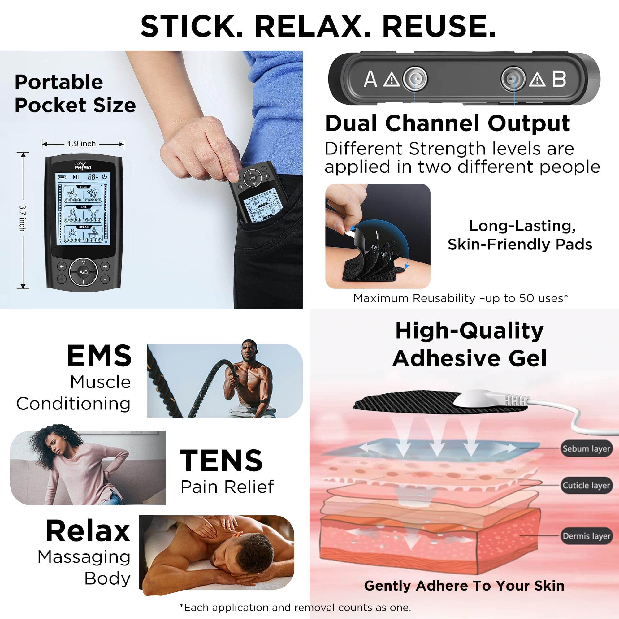 Dr Physio USA TENStar TENS EMS Massager Machine - Rechargeable Dual Channel Pulse Stimulator for Muscle Pain Relief & Relaxation | Portable Nerve Stimulation Device for Physical Therapy, Home & Gym Use