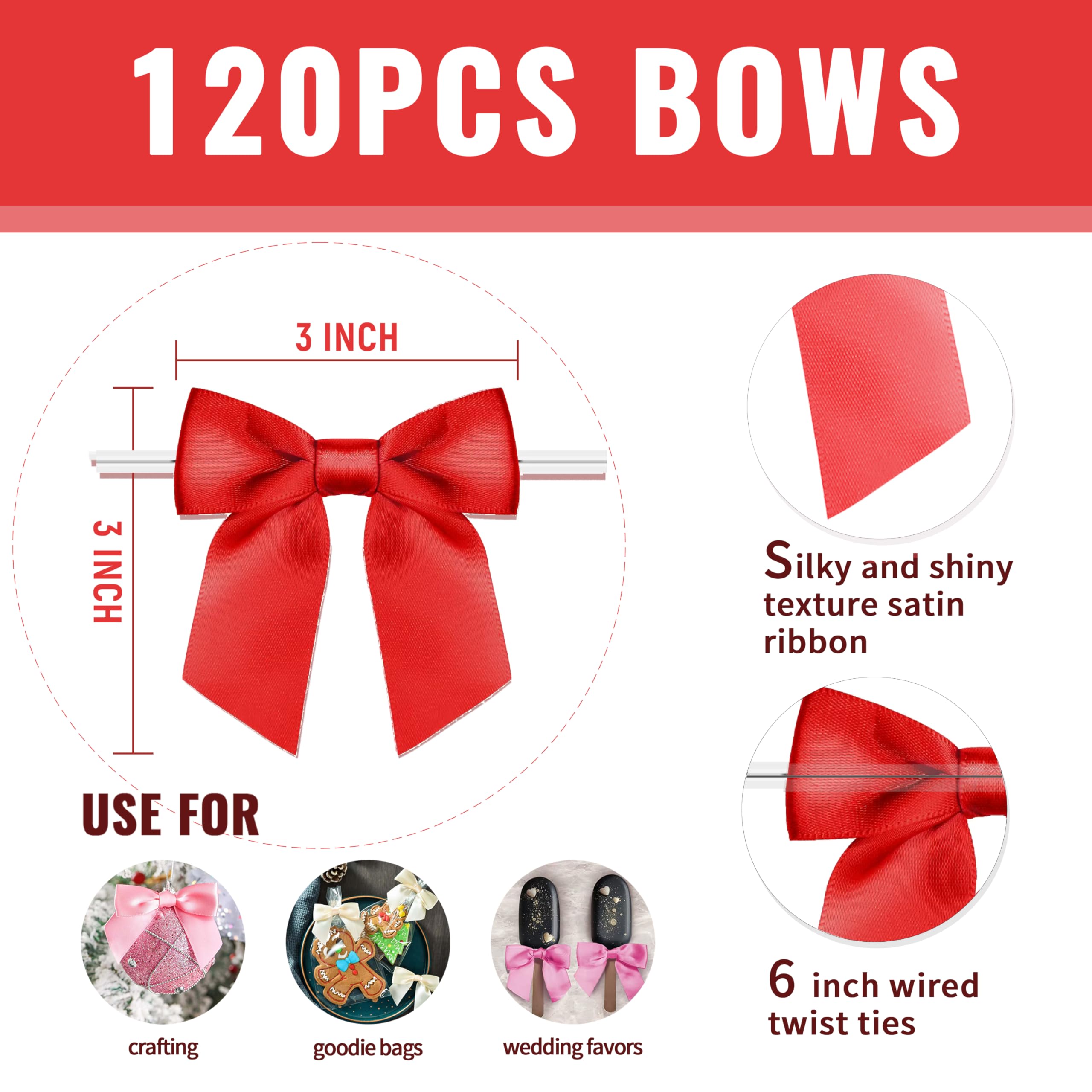 120 Pack Christmas Red & Green Satin Ribbon Bows - 3 Inch Twist Tie Bows for Gift Wrapping, Treat Bags, Package Decorations (Perfect for Christmas, St. Patrick's Day & Craft Projects)