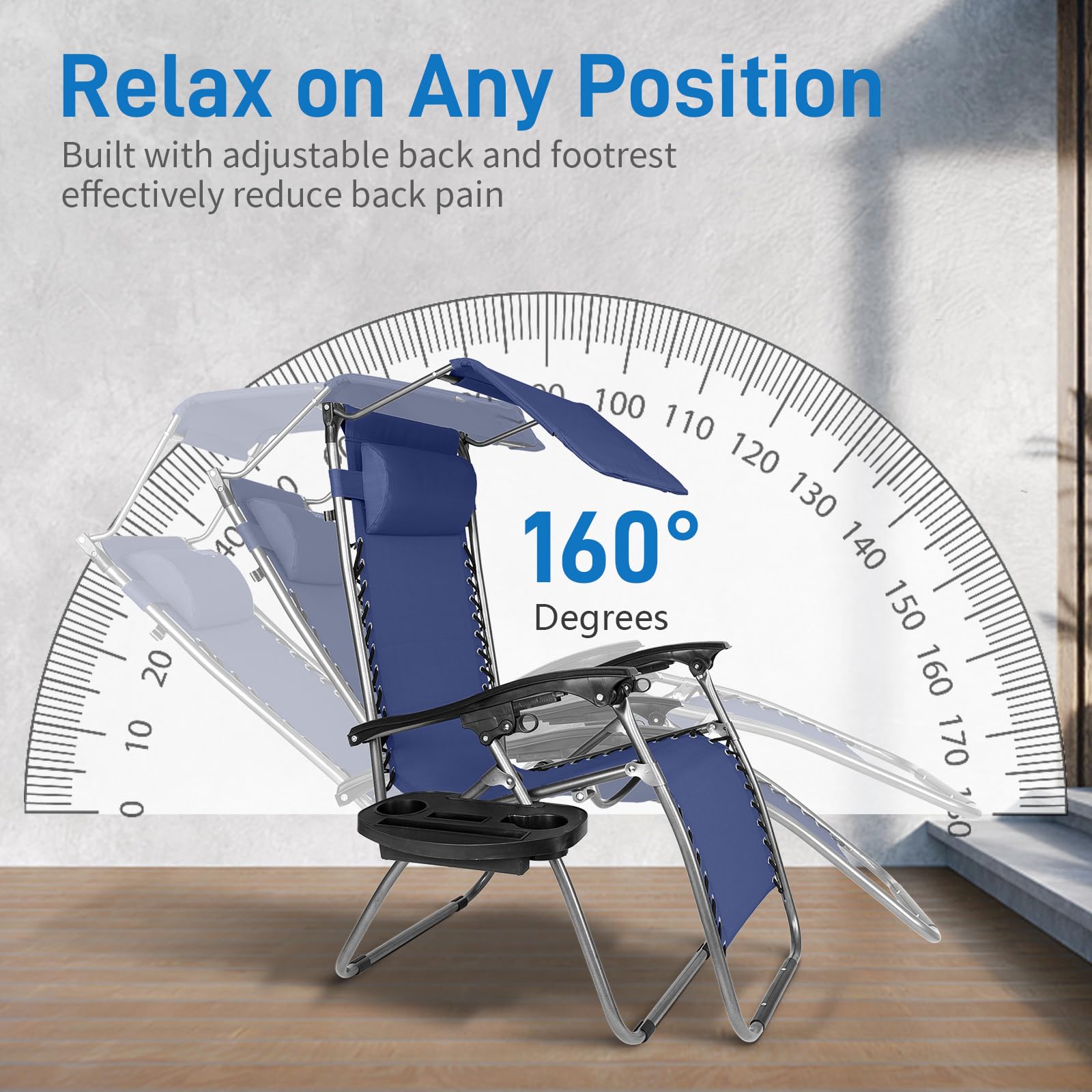 **Bonnlo Zero Gravity Lounge Chair with Adjustable Canopy - Patio Recliner with Cup Holder & Headrest - Foldable Sunshade Chair for Beach, Pool, Garden & Outdoor Relaxation (Blue, 1-Pack)**